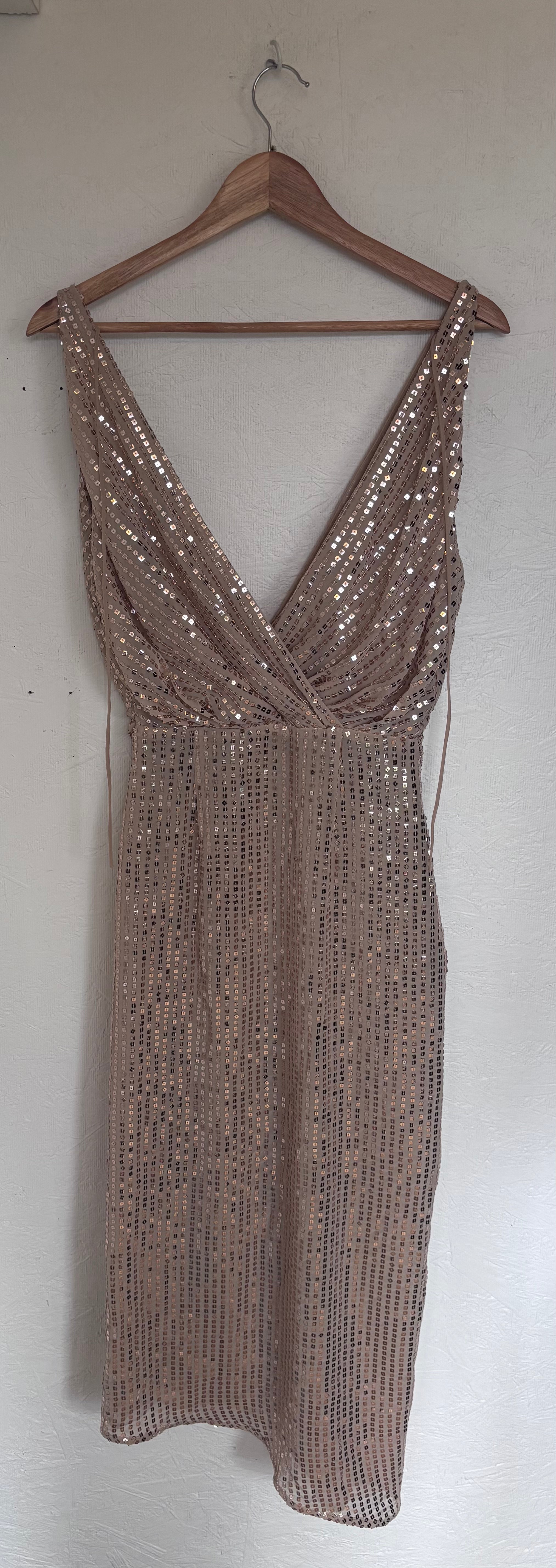 Zara Gold Sequin Sparkle Slit Sleeveless Low Cut V Neck Midi Ruched Disco Dress
