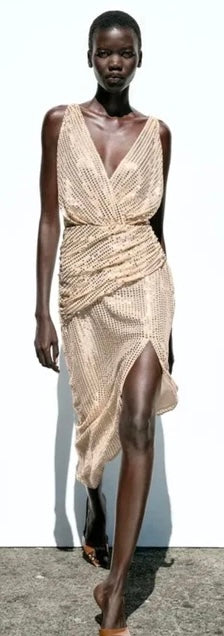 Zara Gold Sequin Sparkle Slit Sleeveless Low Cut V Neck Midi Ruched Disco Dress