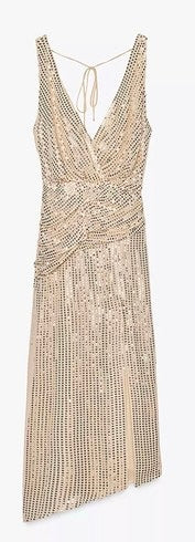 Zara Gold Sequin Sparkle Slit Sleeveless Low Cut V Neck Midi Ruched Disco Dress