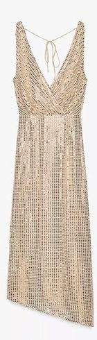 Zara Gold Sequin Sparkle Slit Sleeveless Low Cut V Neck Midi Ruched Disco Dress