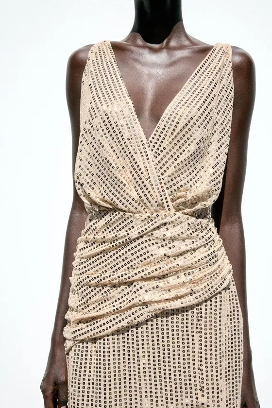 Zara Gold Sequin Sparkle Slit Sleeveless Low Cut V Neck Midi Ruched Disco Dress