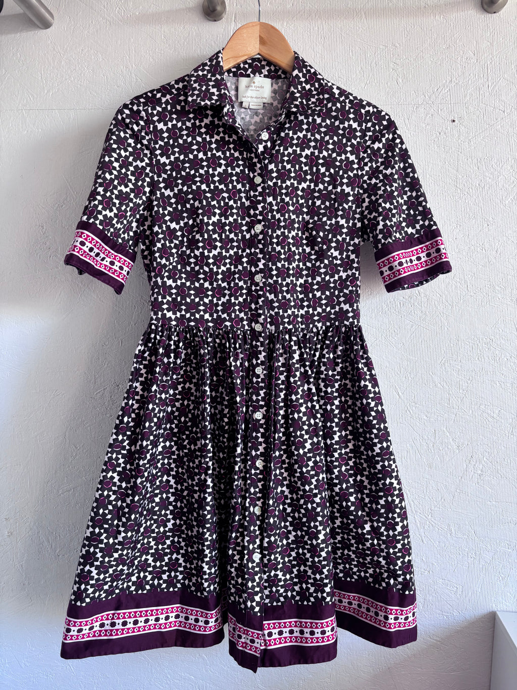Kate Spade Geometric Floral Print Purple Button Up Collared Short Sleeve Dainty Mini Tea Dress