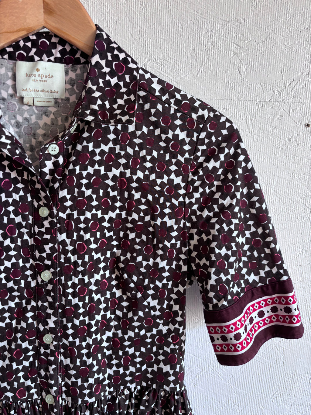 Kate Spade Geometric Floral Print Purple Button Up Collared Short Sleeve Dainty Mini Tea Dress