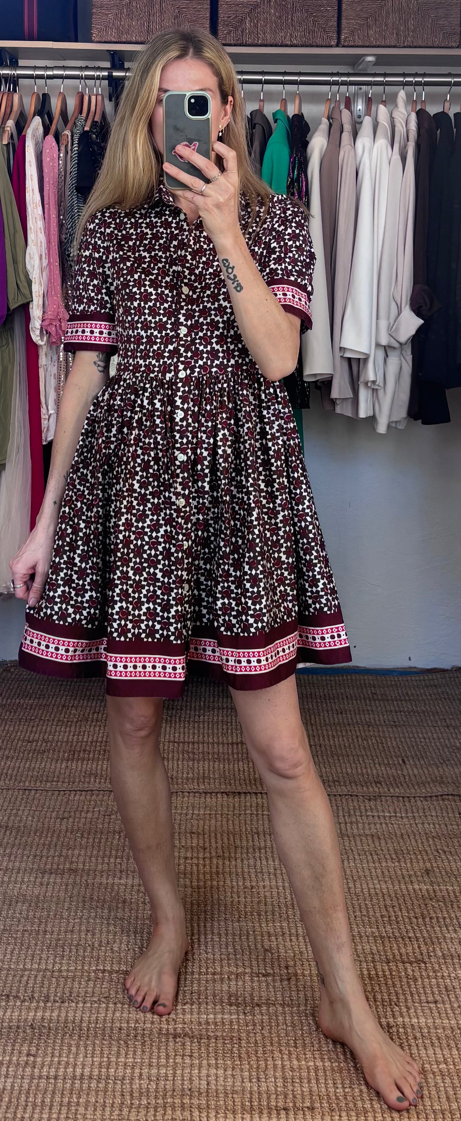 Kate Spade Geometric Floral Print Purple Button Up Collared Short Sleeve Dainty Mini Tea Dress