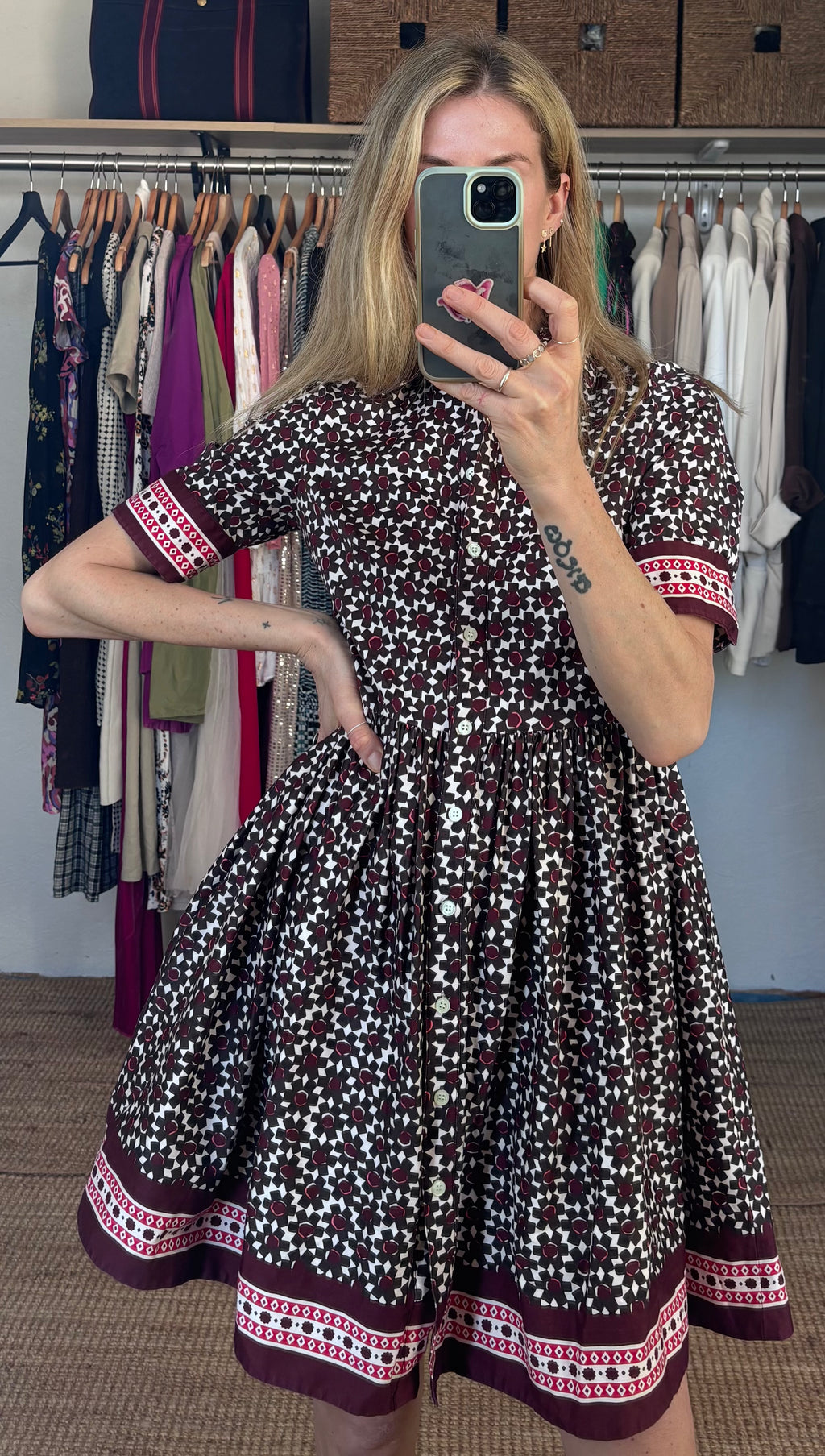 Kate Spade Geometric Floral Print Purple Button Up Collared Short Sleeve Dainty Mini Tea Dress