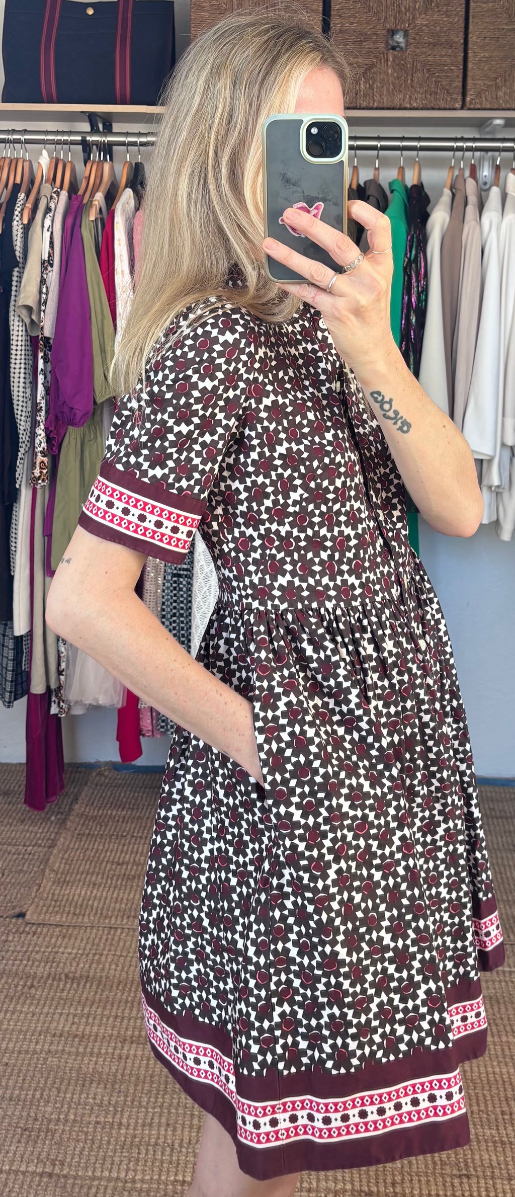 Kate Spade Geometric Floral Print Purple Button Up Collared Short Sleeve Dainty Mini Tea Dress