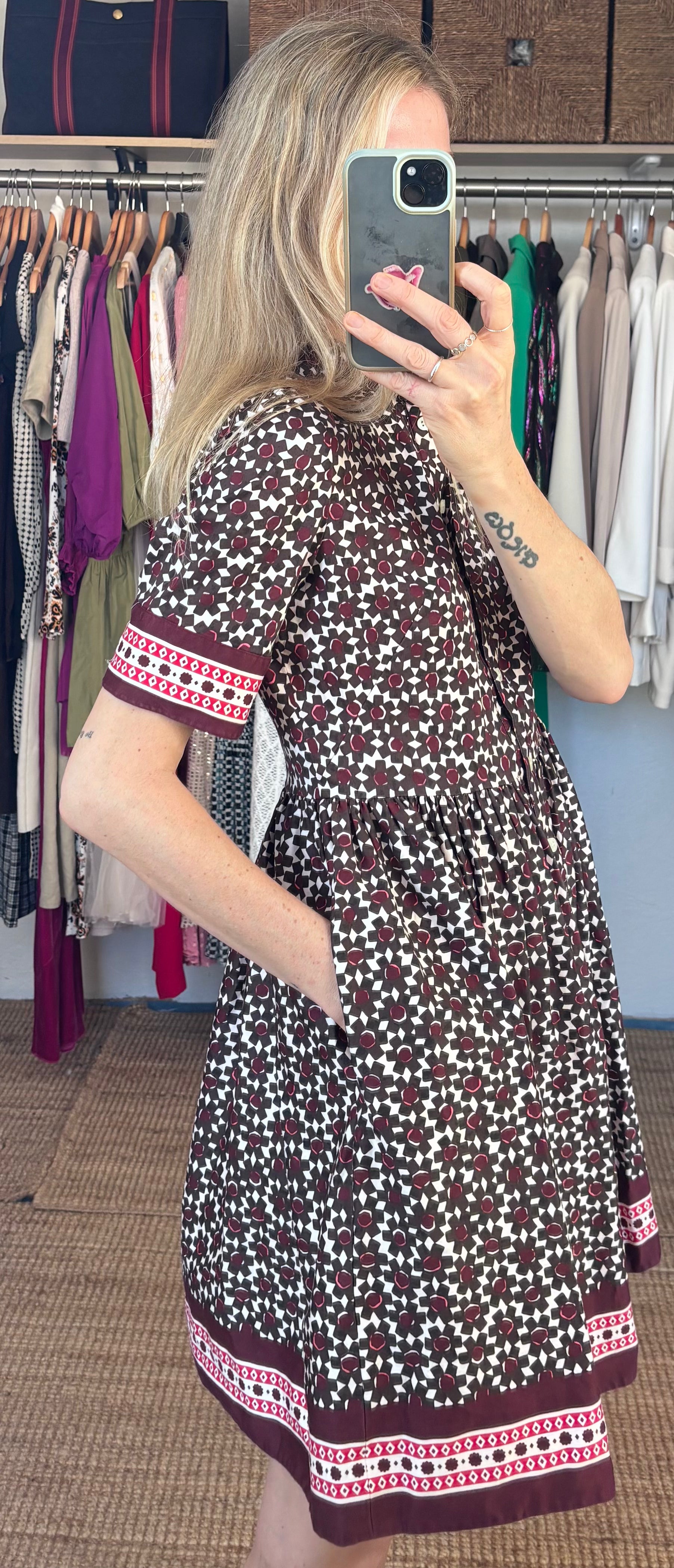 Kate Spade Geometric Floral Print Purple Button Up Collared Short Sleeve Dainty Mini Tea Dress