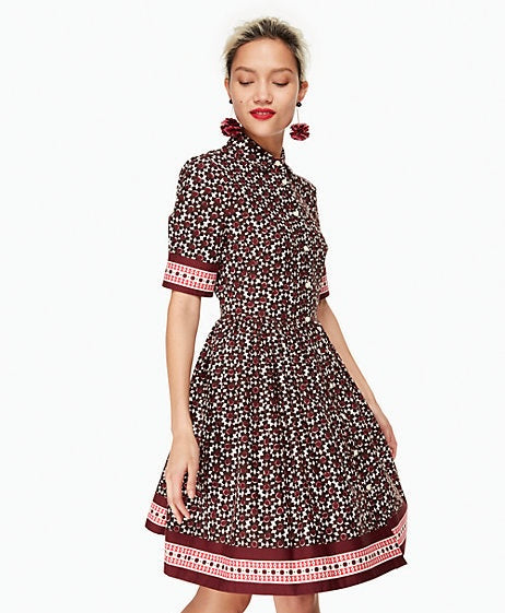 Kate Spade Geometric Floral Print Purple Button Up Collared Short Sleeve Dainty Mini Tea Dress