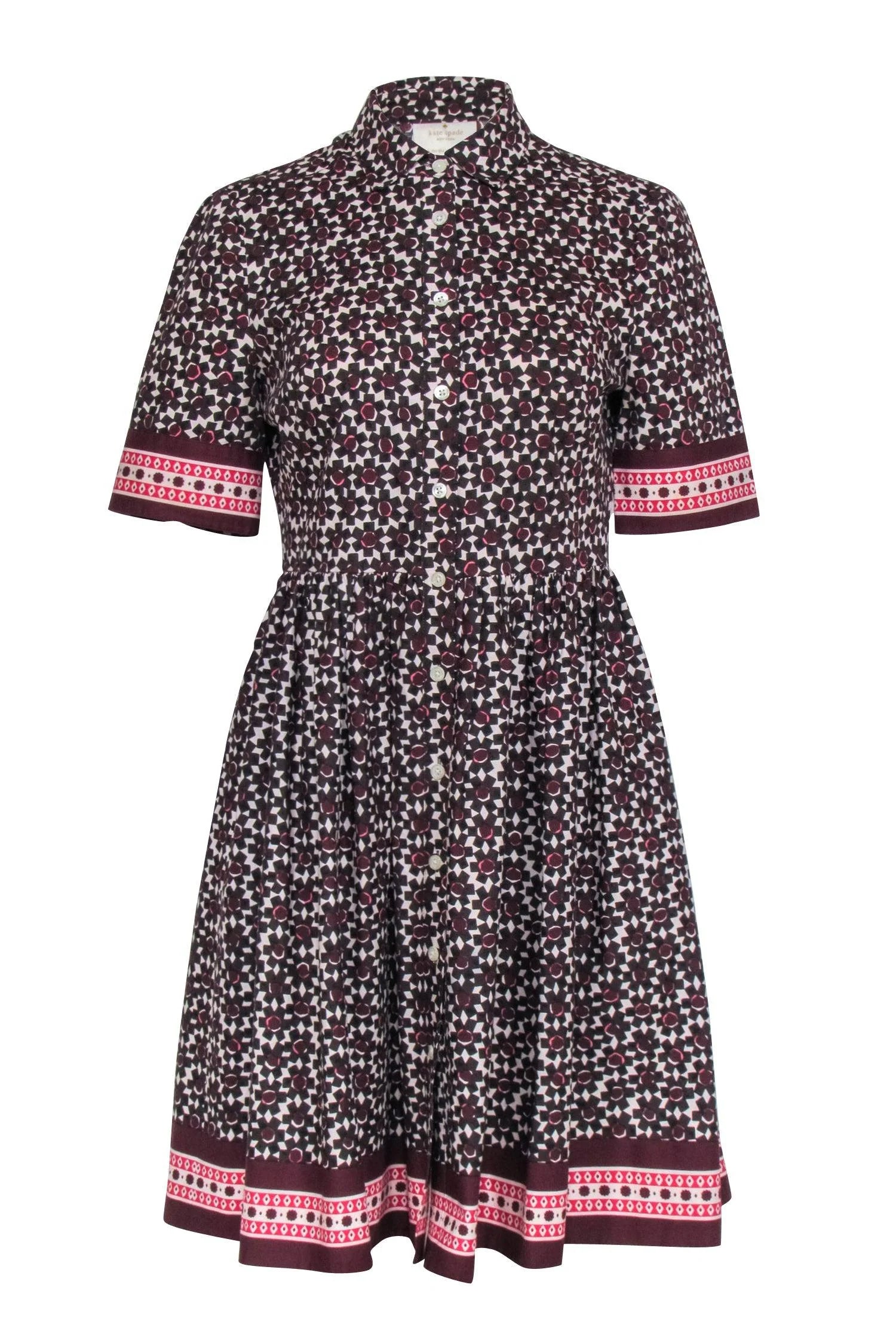 Kate Spade Geometric Floral Print Purple Button Up Collared Short Sleeve Dainty Mini Tea Dress