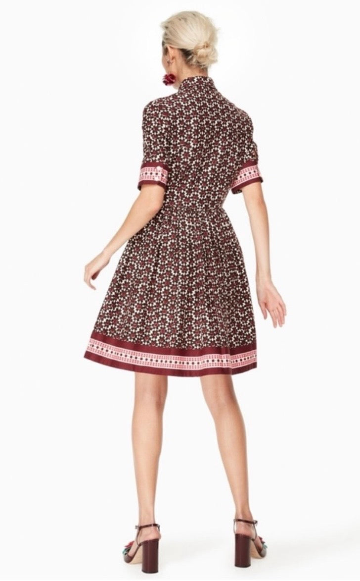 Kate Spade Geometric Floral Print Purple Button Up Collared Short Sleeve Dainty Mini Tea Dress