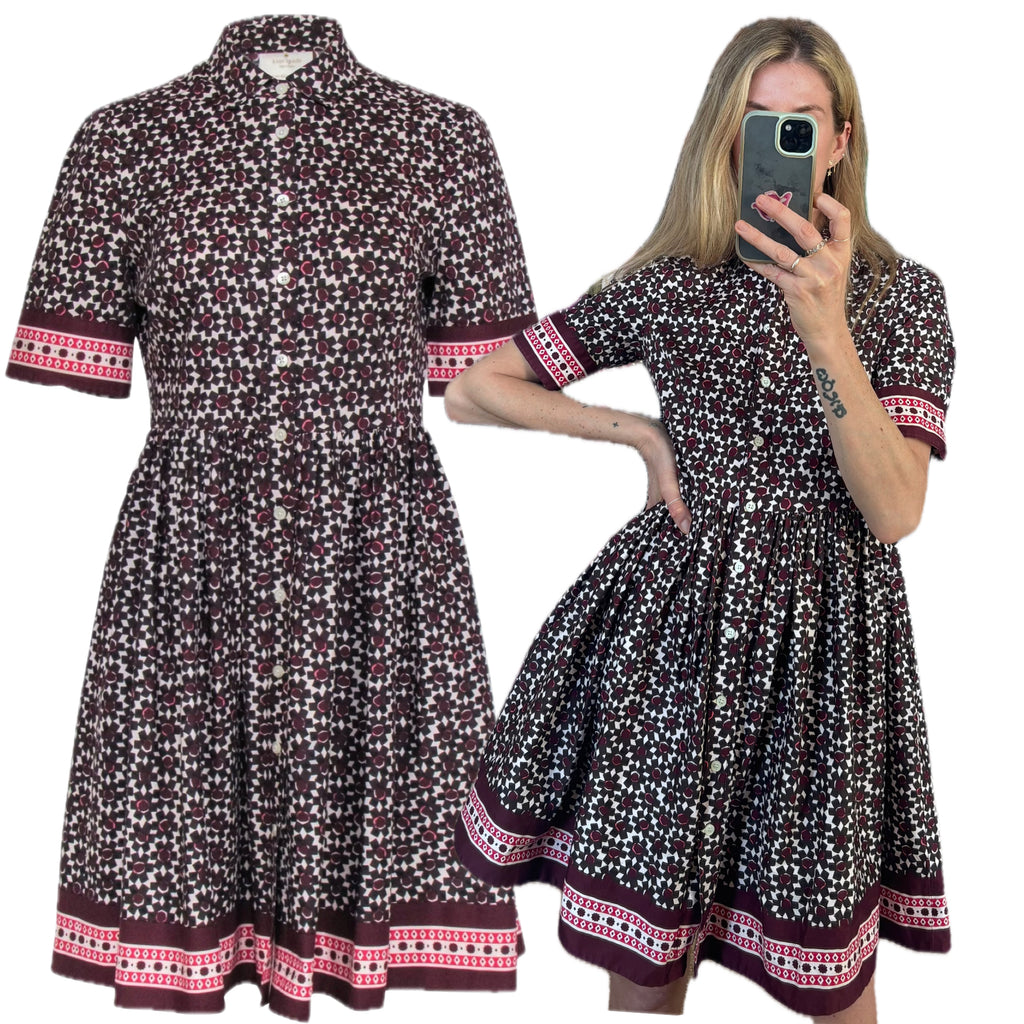 Kate Spade Geometric Floral Print Purple Button Up Collared Short Sleeve Dainty Mini Tea Dress