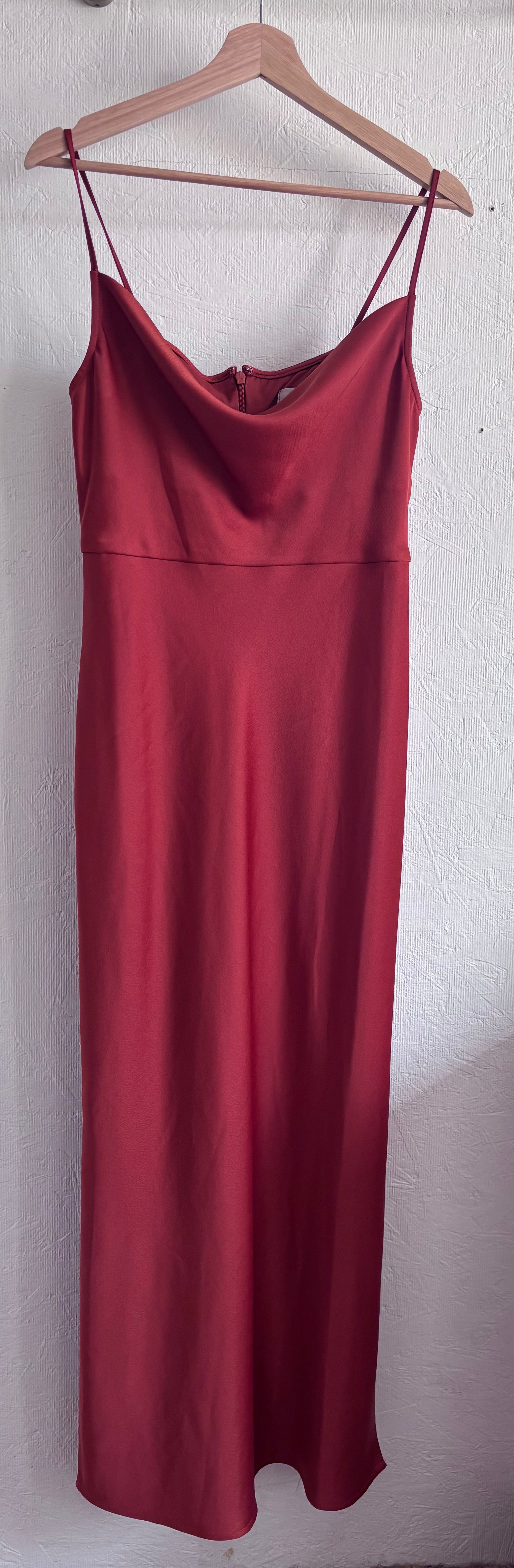 BHLDN Anthropologie Burnt Orange Terracotta Rust Spaghetti Strap Cowl Neck Satin Effect Maxi Slit Slip Gown Dress