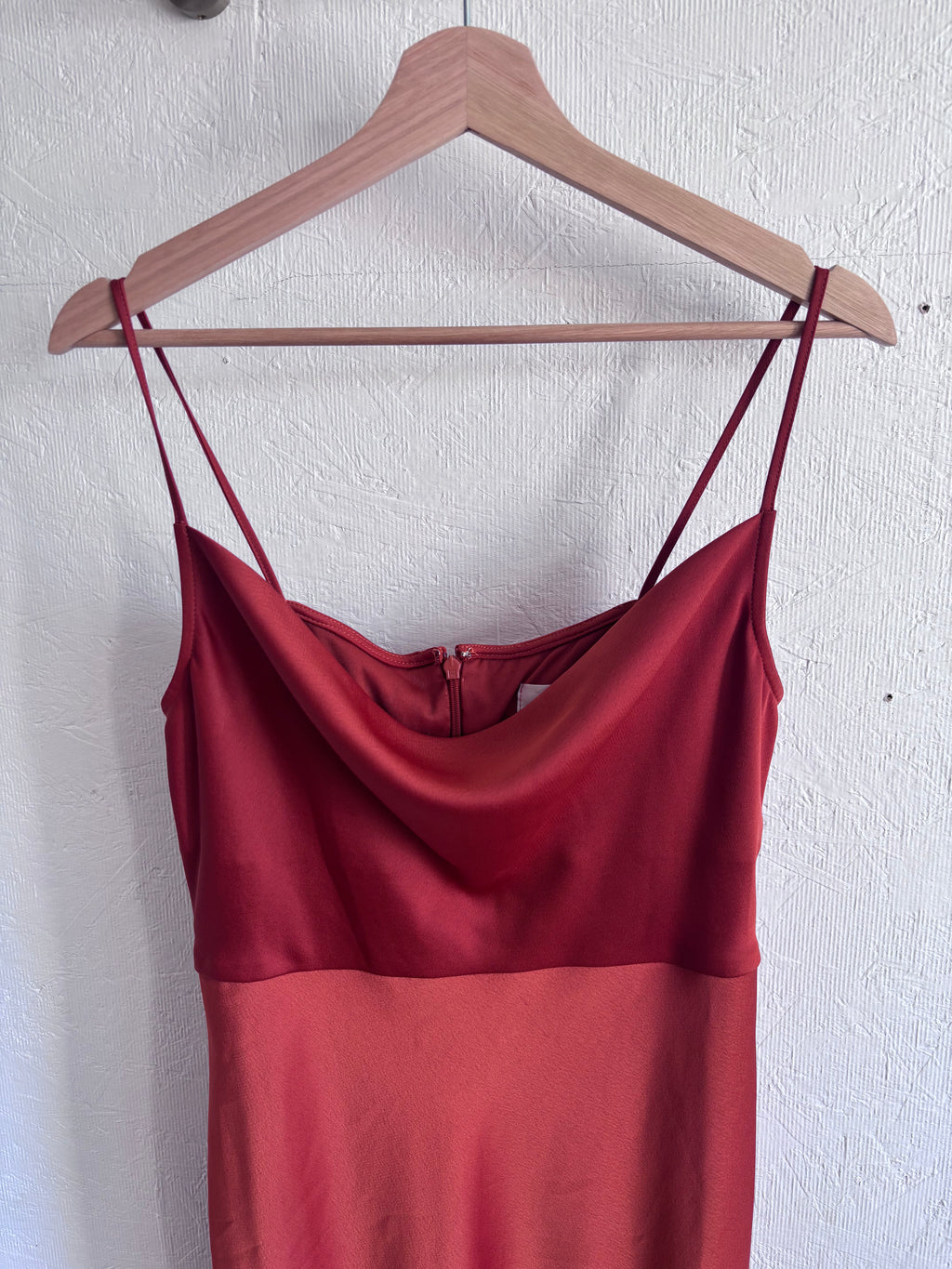 BHLDN Anthropologie Burnt Orange Terracotta Rust Spaghetti Strap Cowl Neck Satin Effect Maxi Slit Slip Gown Dress