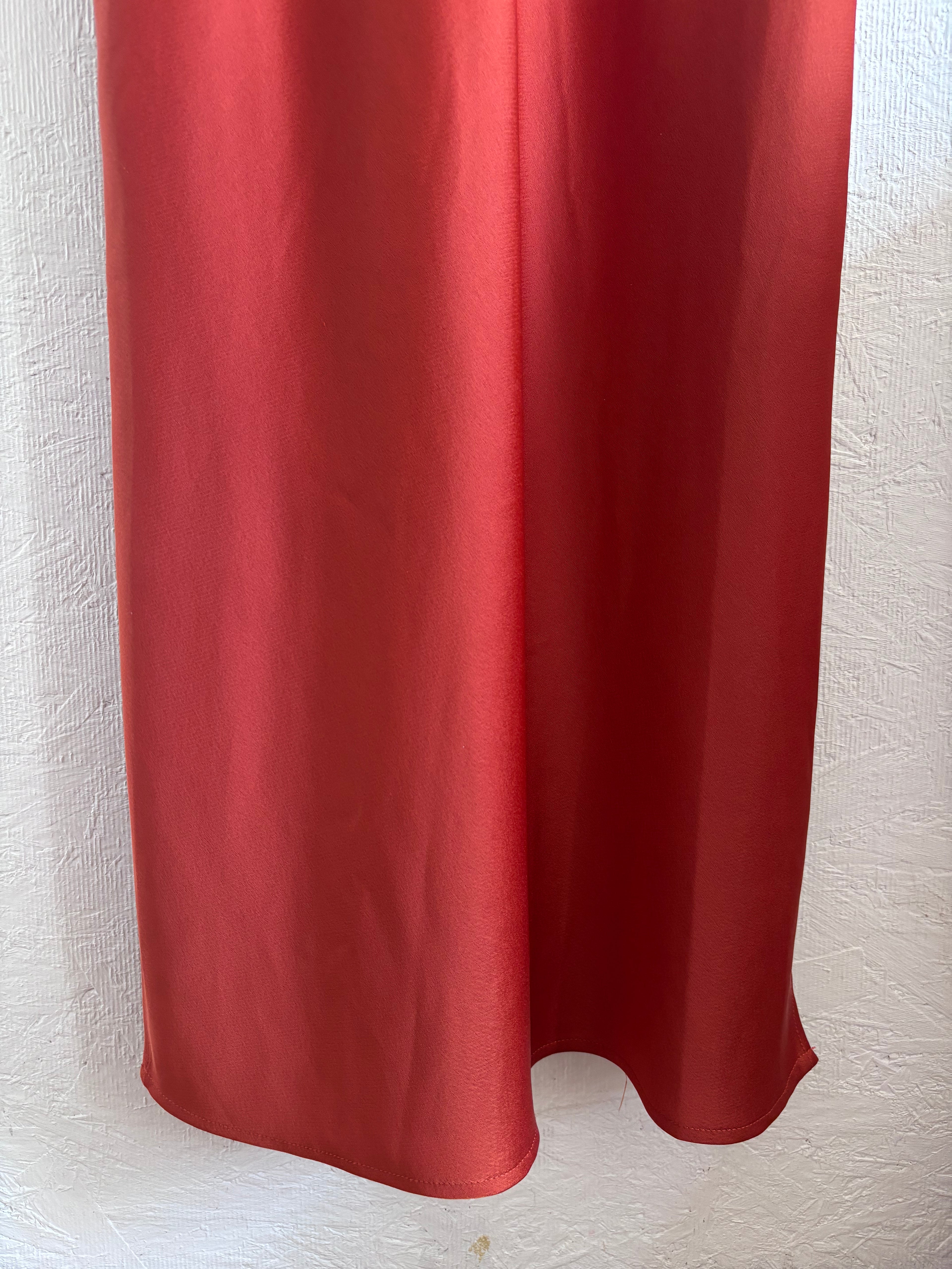 BHLDN Anthropologie Burnt Orange Terracotta Rust Spaghetti Strap Cowl Neck Satin Effect Maxi Slit Slip Gown Dress