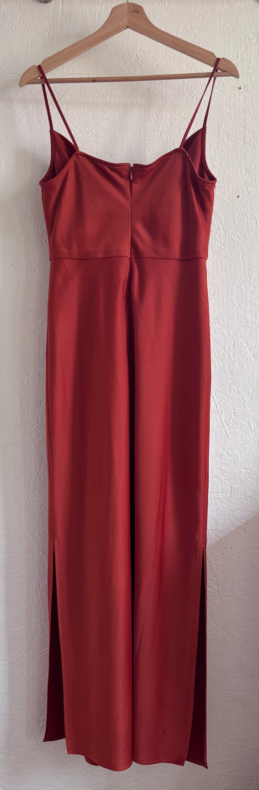 BHLDN Anthropologie Burnt Orange Terracotta Rust Spaghetti Strap Cowl Neck Satin Effect Maxi Slit Slip Gown Dress