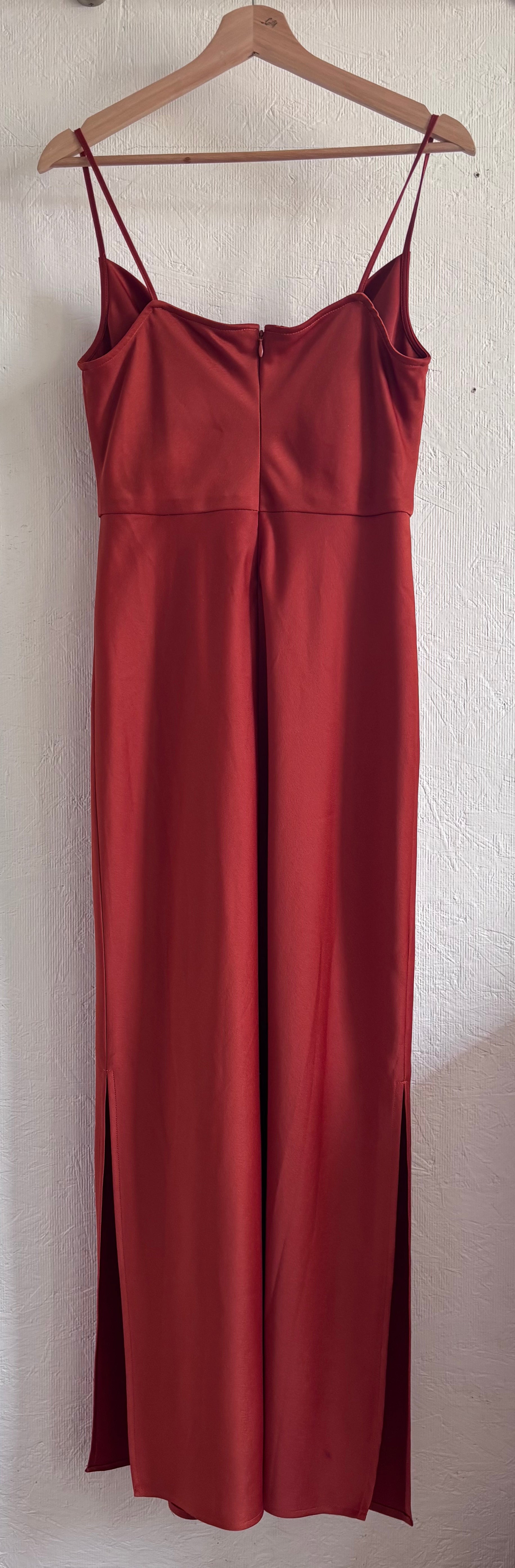 BHLDN Anthropologie Burnt Orange Terracotta Rust Spaghetti Strap Cowl Neck Satin Effect Maxi Slit Slip Gown Dress
