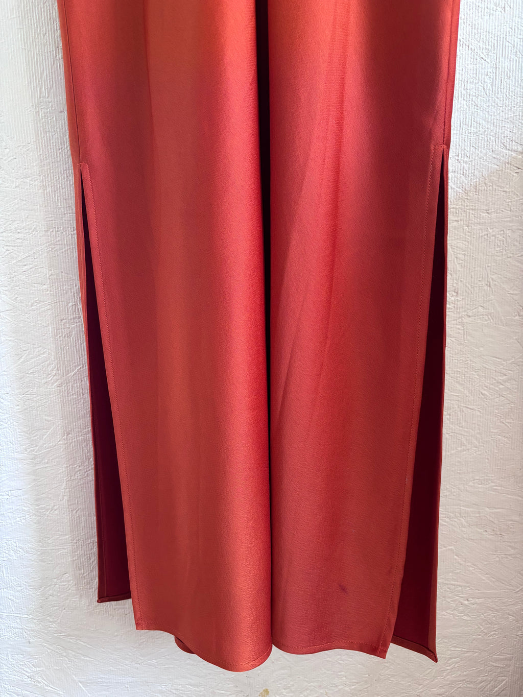 BHLDN Anthropologie Burnt Orange Terracotta Rust Spaghetti Strap Cowl Neck Satin Effect Maxi Slit Slip Gown Dress