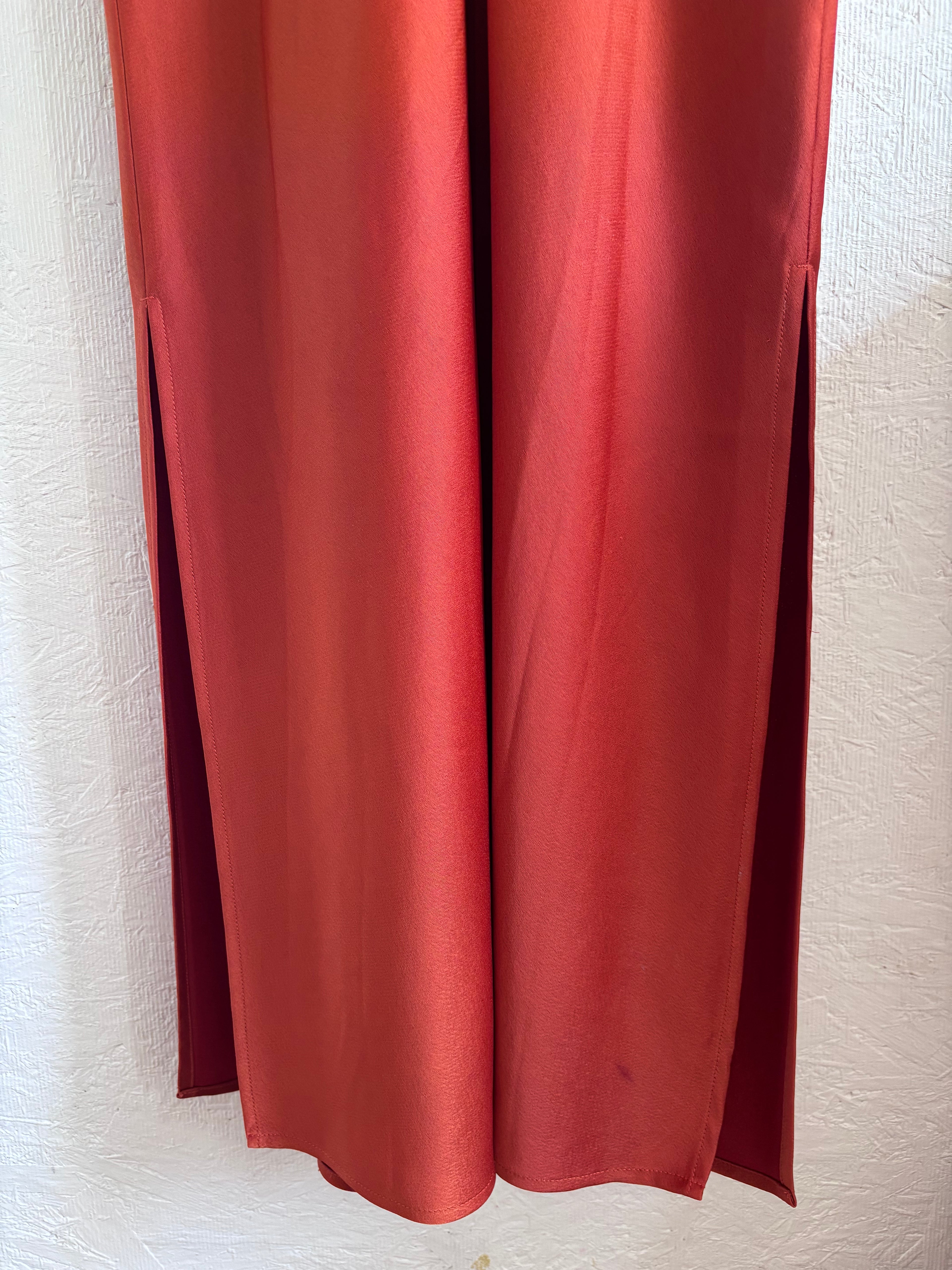 BHLDN Anthropologie Burnt Orange Terracotta Rust Spaghetti Strap Cowl Neck Satin Effect Maxi Slit Slip Gown Dress