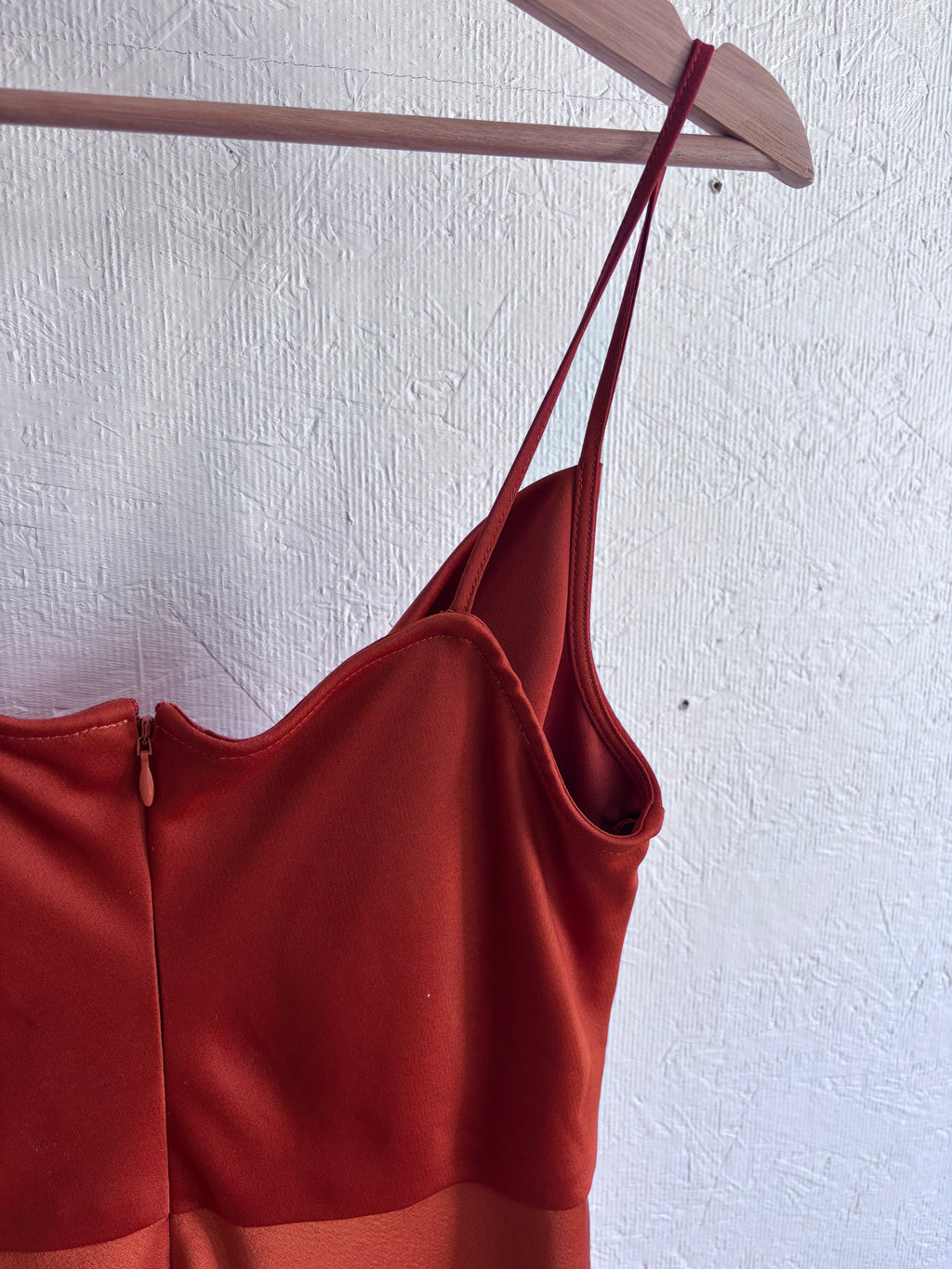 BHLDN Anthropologie Burnt Orange Terracotta Rust Spaghetti Strap Cowl Neck Satin Effect Maxi Slit Slip Gown Dress