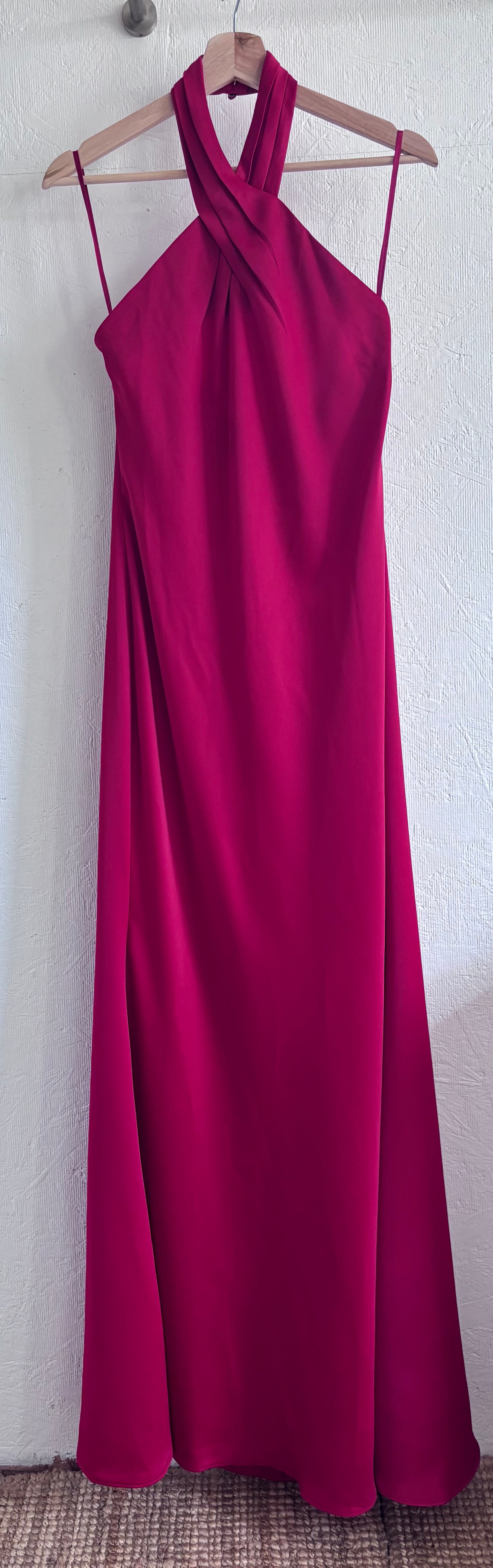 NWT BHLDN Anthropologie Red Halter Open Back Satin Effect Maxi Gown Dress