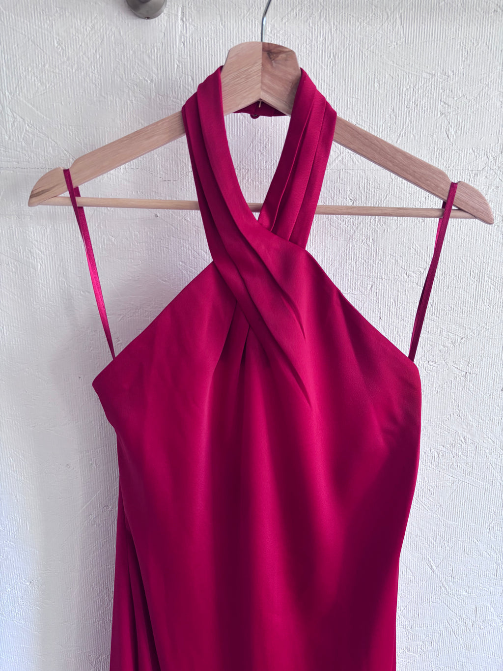 NWT BHLDN Anthropologie Red Halter Open Back Satin Effect Maxi Gown Dress