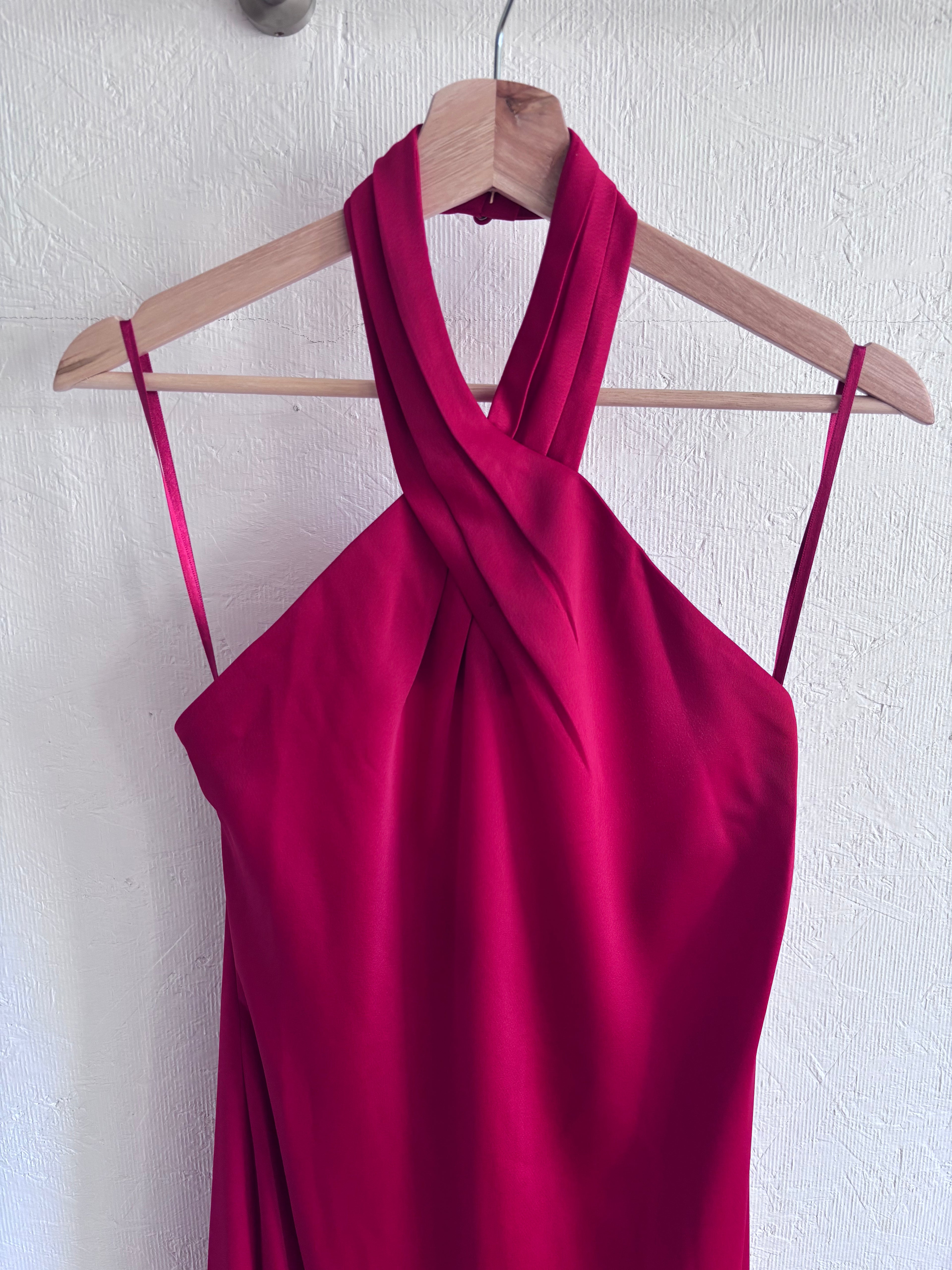 NWT BHLDN Anthropologie Red Halter Open Back Satin Effect Maxi Gown Dress