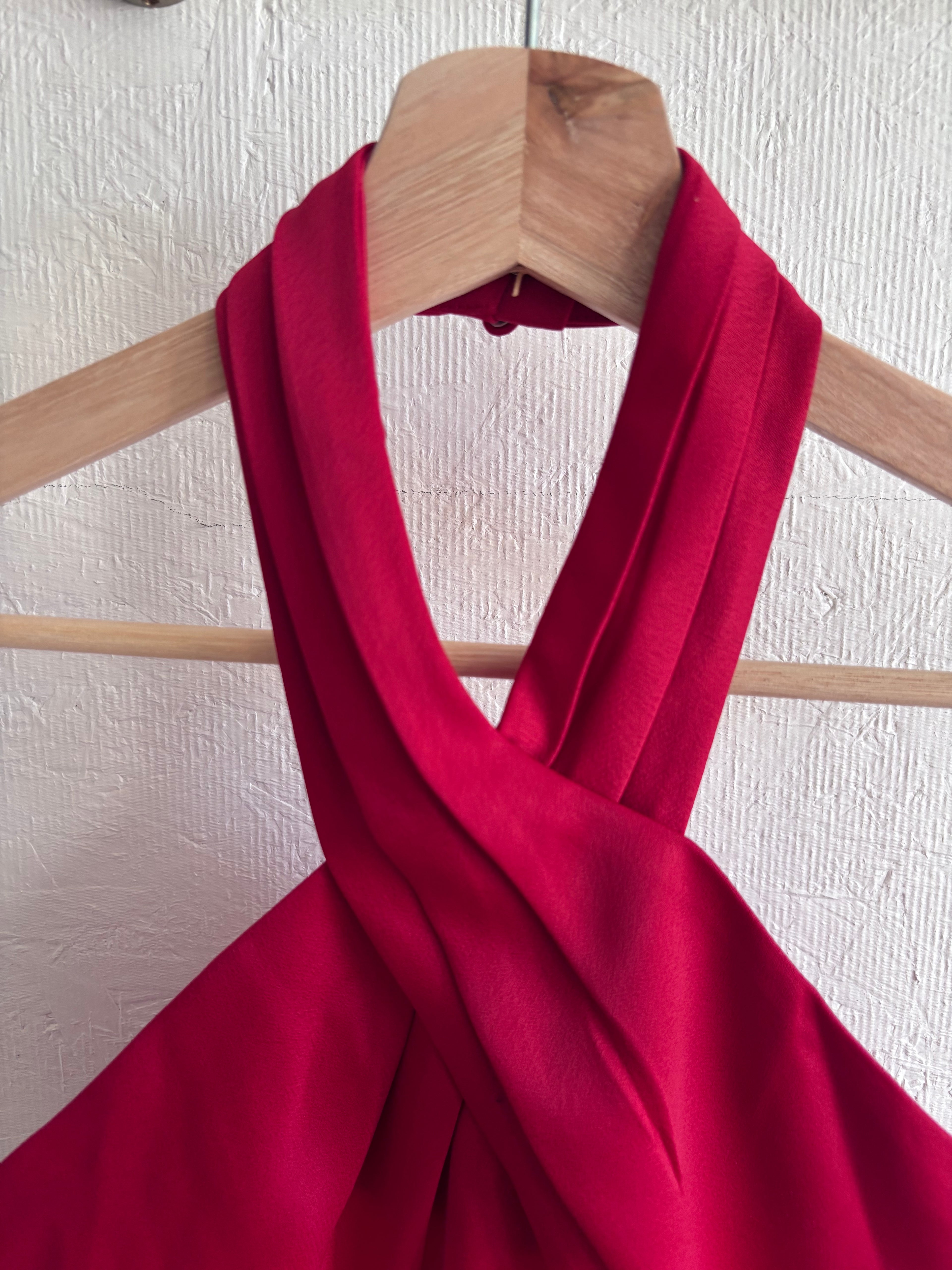 NWT BHLDN Anthropologie Red Halter Open Back Satin Effect Maxi Gown Dress
