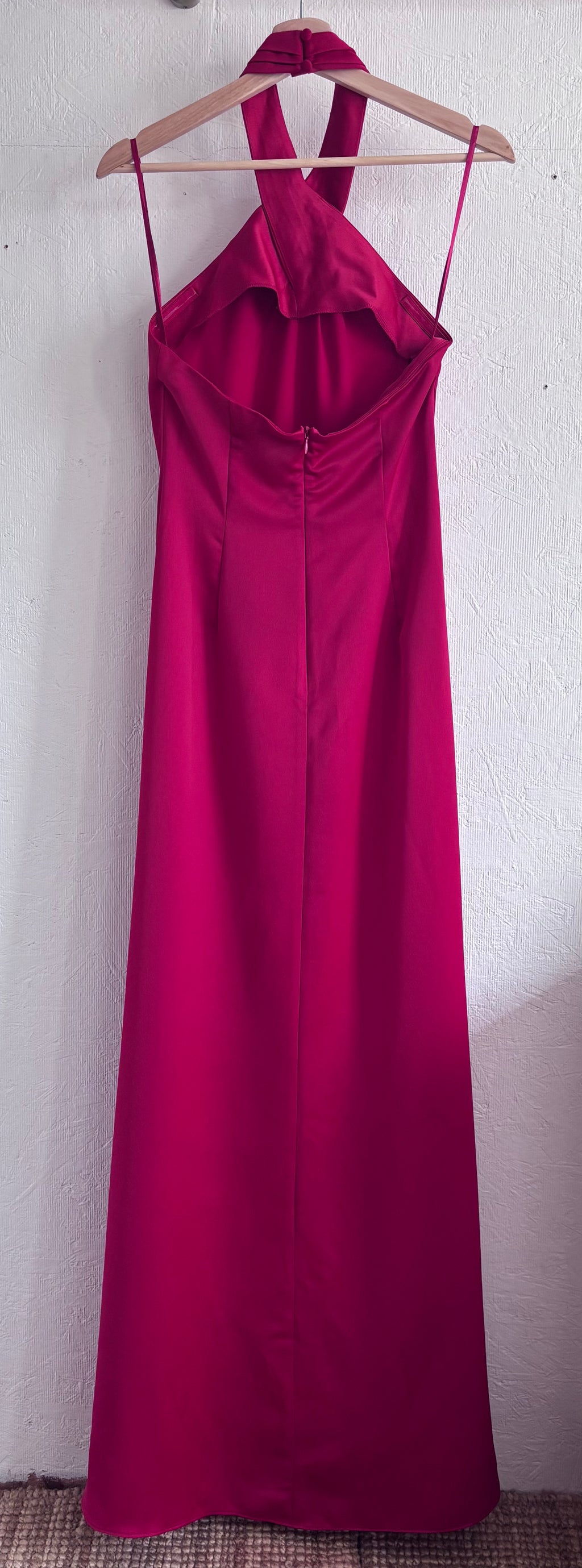 NWT BHLDN Anthropologie Red Halter Open Back Satin Effect Maxi Gown Dress