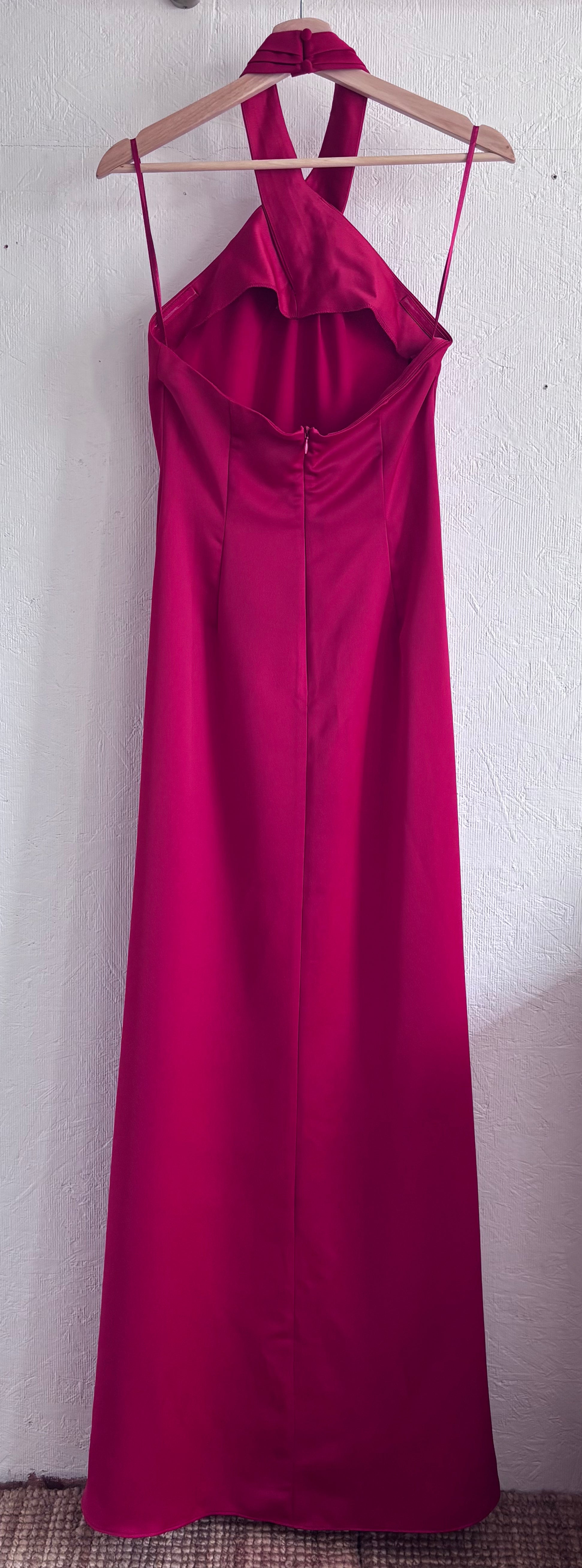NWT BHLDN Anthropologie Red Halter Open Back Satin Effect Maxi Gown Dress
