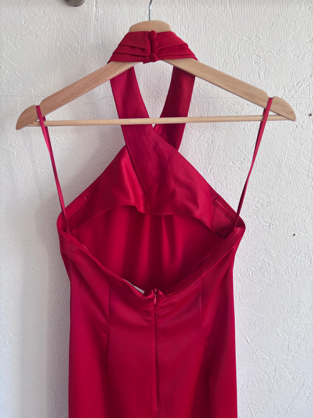 NWT BHLDN Anthropologie Red Halter Open Back Satin Effect Maxi Gown Dress