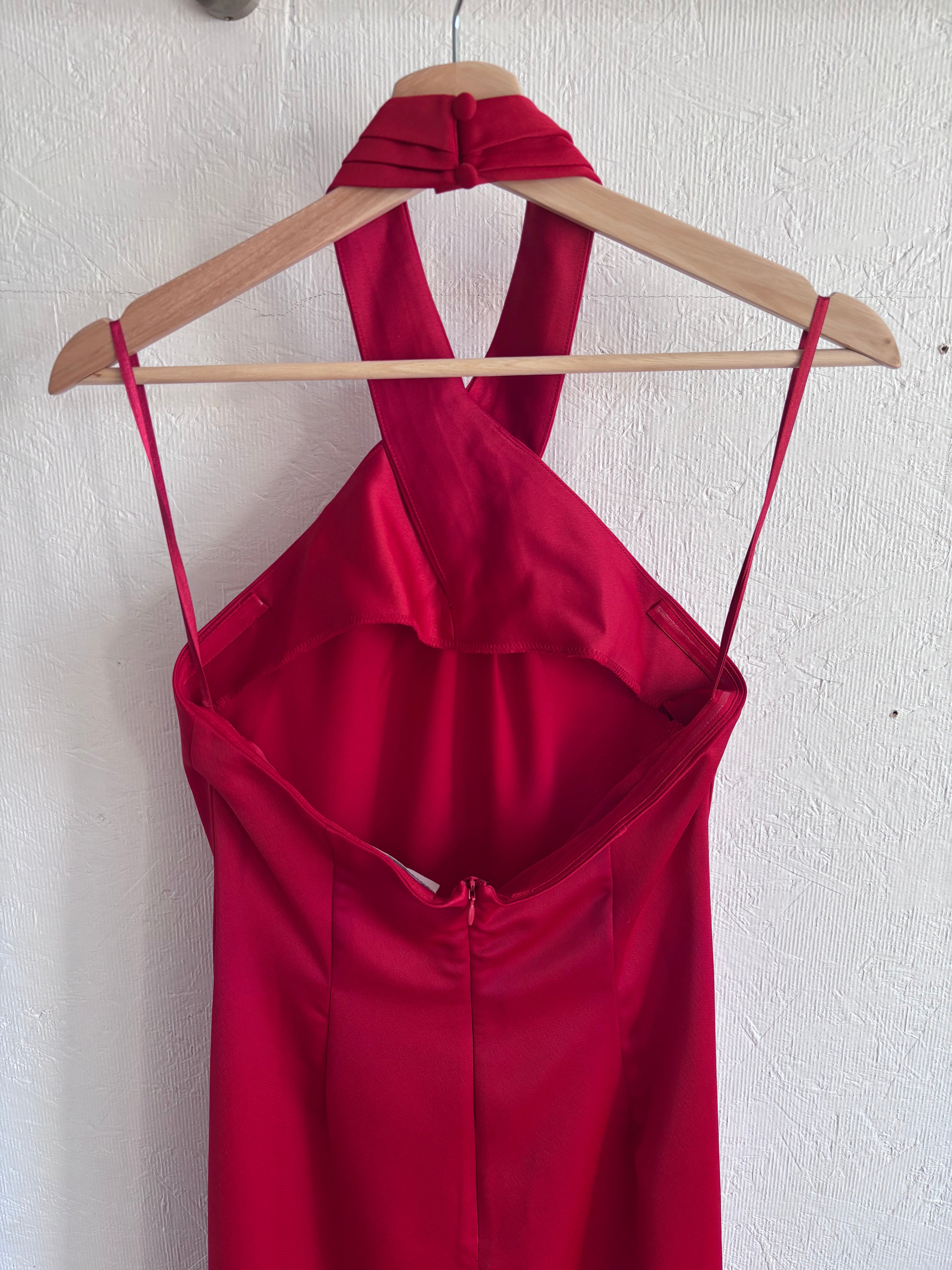 NWT BHLDN Anthropologie Red Halter Open Back Satin Effect Maxi Gown Dress