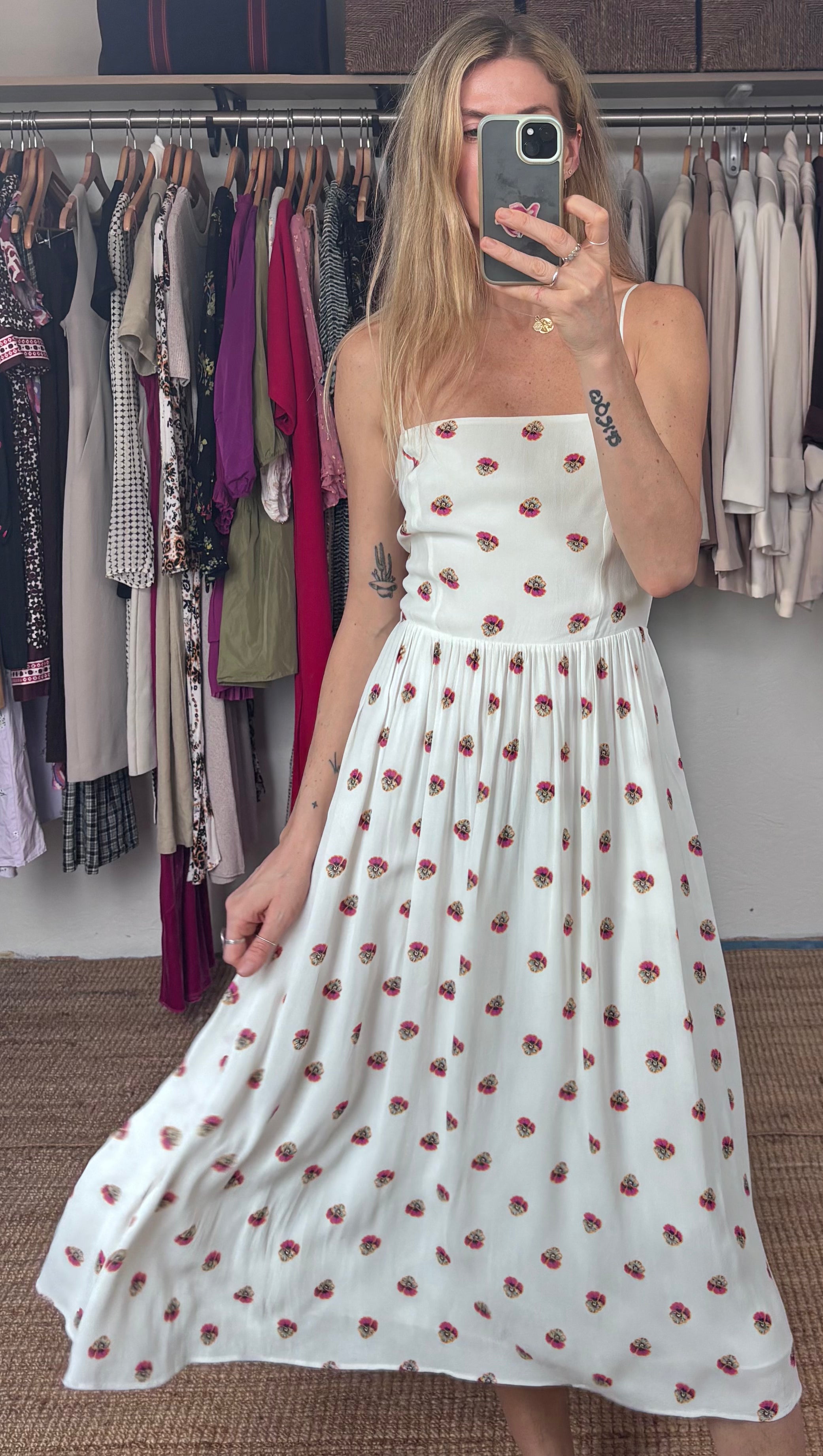 Babaton Aritzia Noel White Floral Print Spaghetti Strap Midi Dress