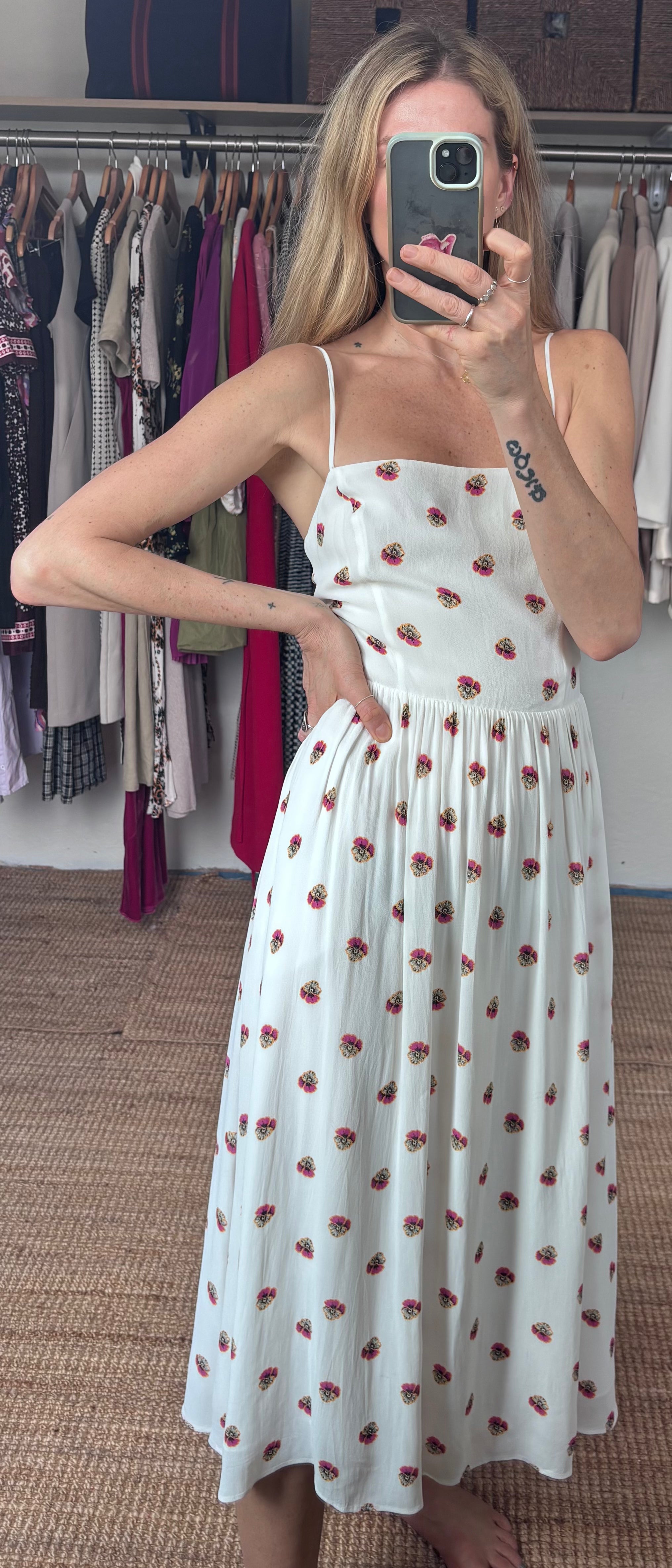 Babaton Aritzia Noel White Floral Print Spaghetti Strap Midi Dress