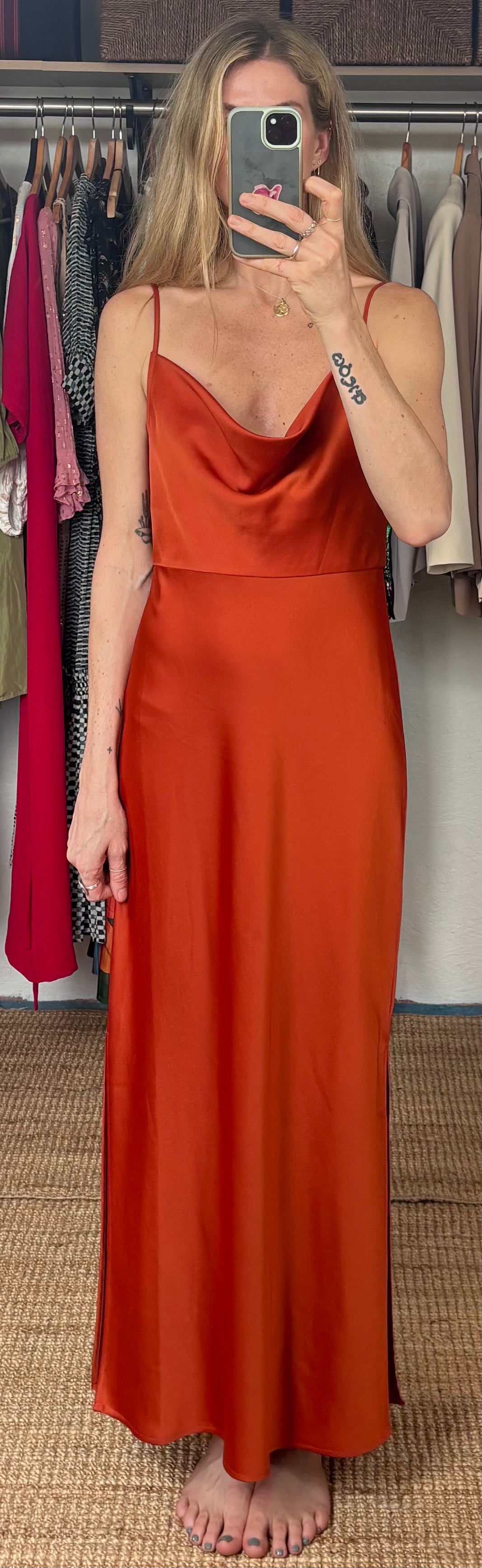 BHLDN Anthropologie Burnt Orange Terracotta Rust Spaghetti Strap Cowl Neck Satin Effect Maxi Slit Slip Gown Dress