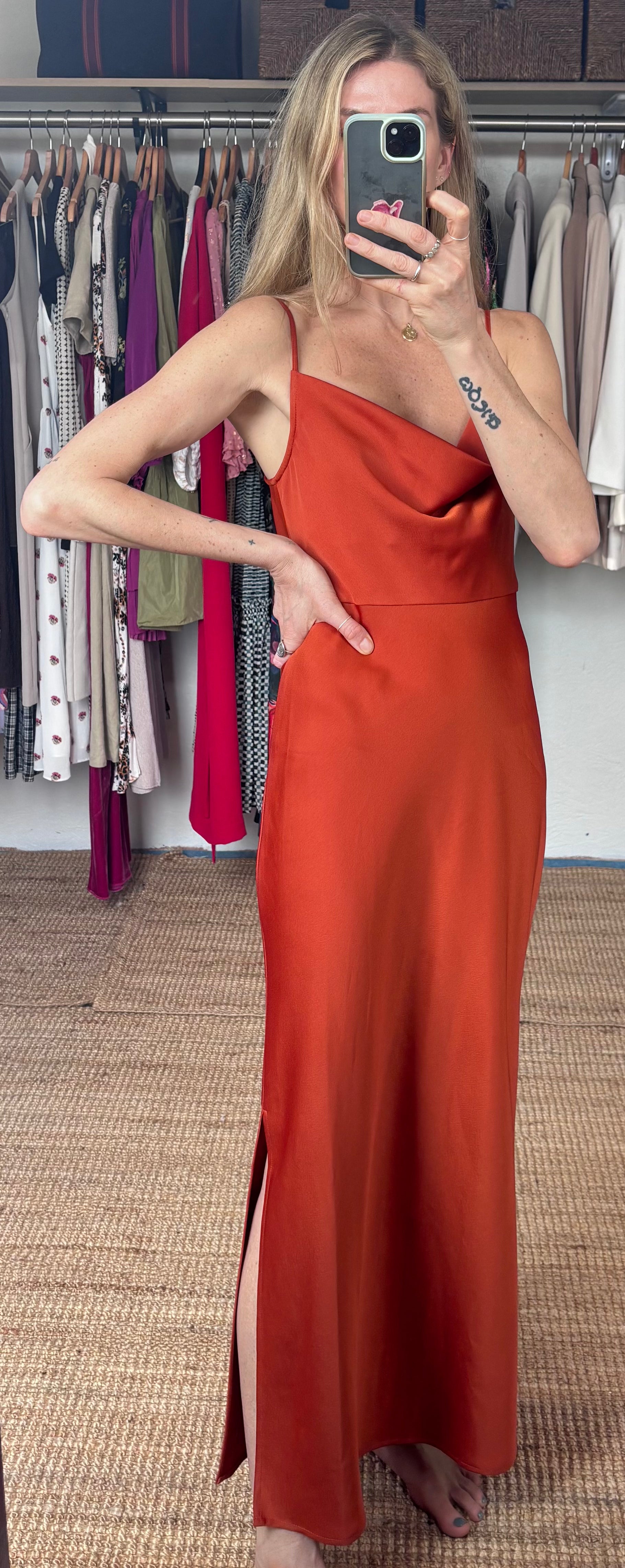 BHLDN Anthropologie Burnt Orange Terracotta Rust Spaghetti Strap Cowl Neck Satin Effect Maxi Slit Slip Gown Dress