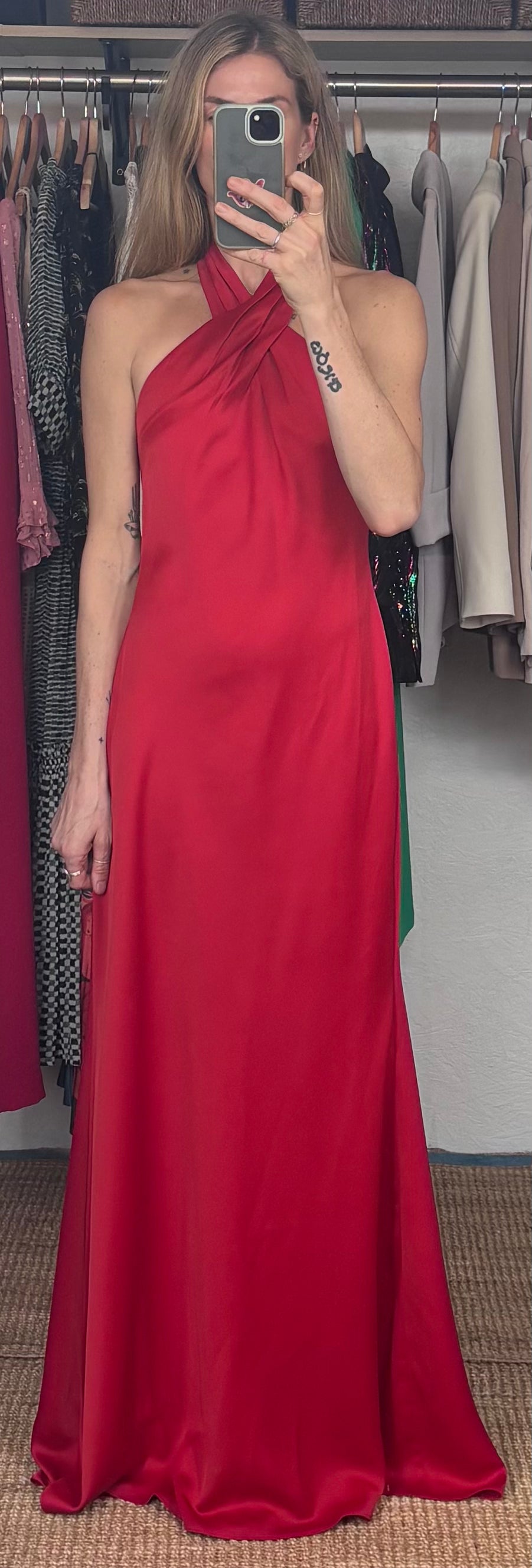 NWT BHLDN Anthropologie Red Halter Open Back Satin Effect Maxi Gown Dress