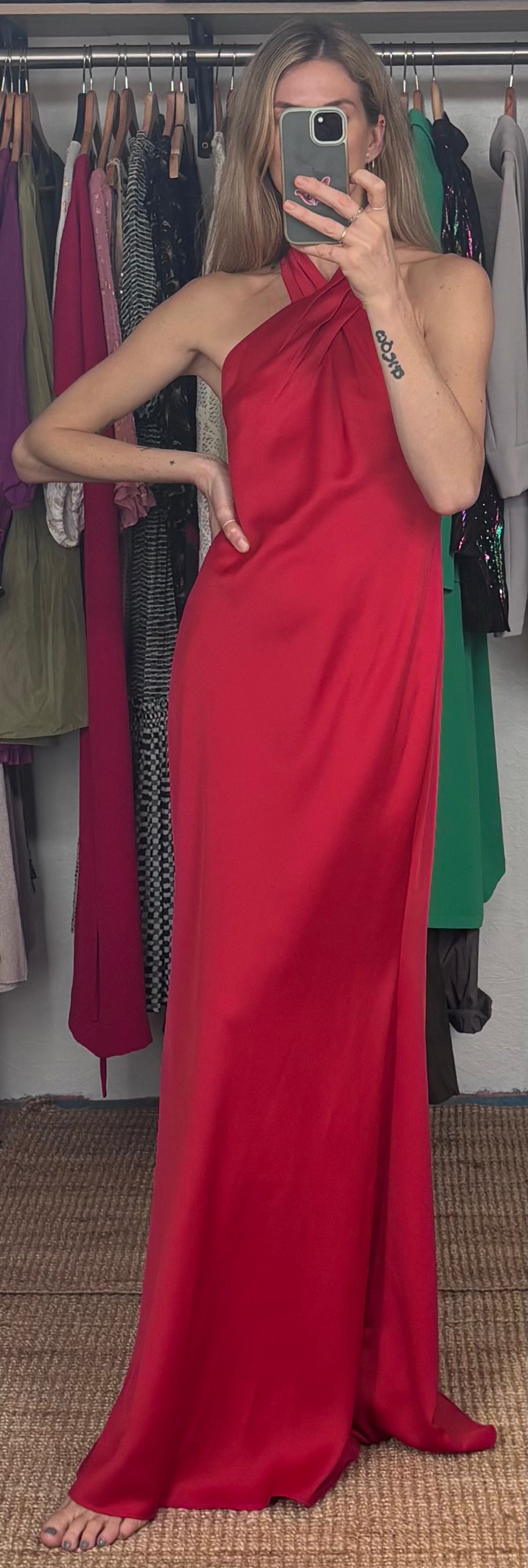 NWT BHLDN Anthropologie Red Halter Open Back Satin Effect Maxi Gown Dress