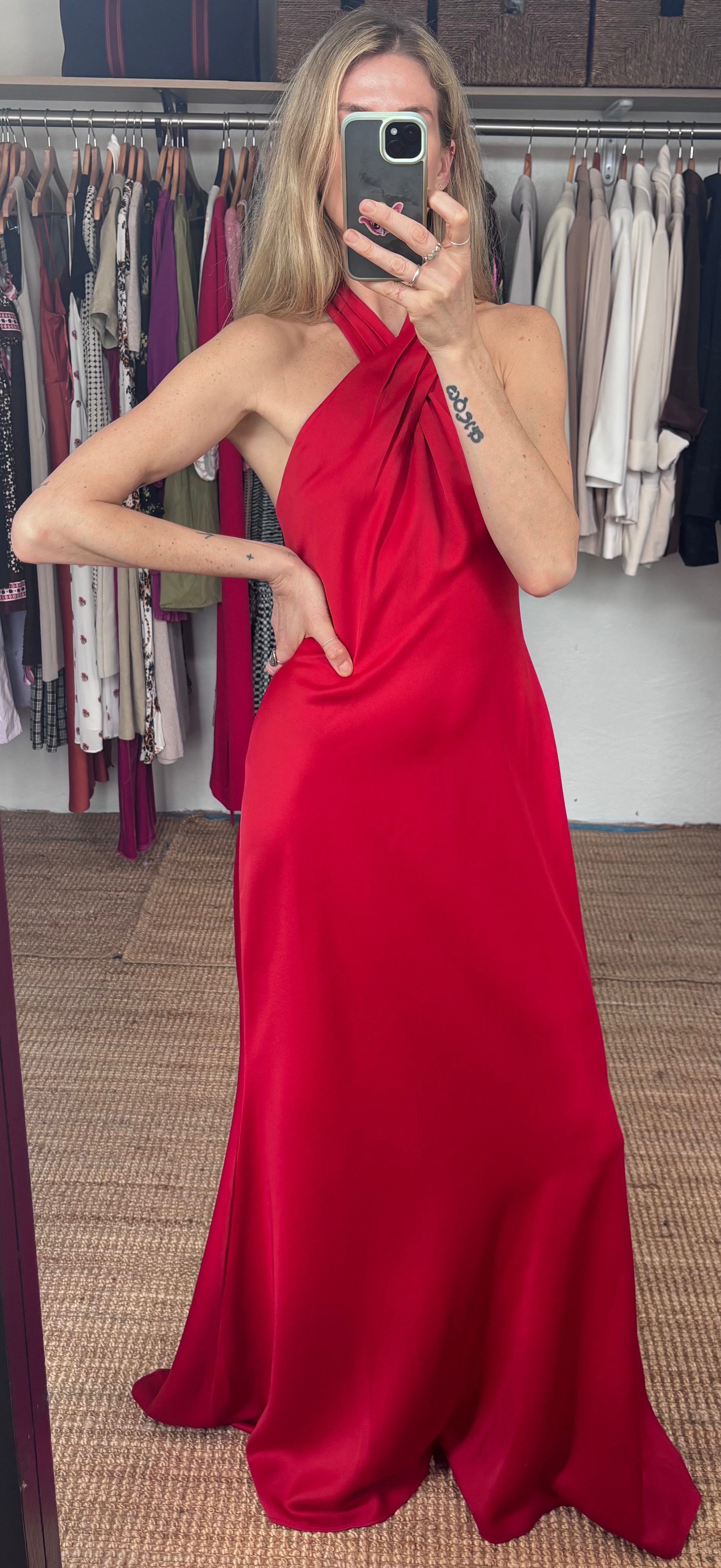 NWT BHLDN Anthropologie Red Halter Open Back Satin Effect Maxi Gown Dress