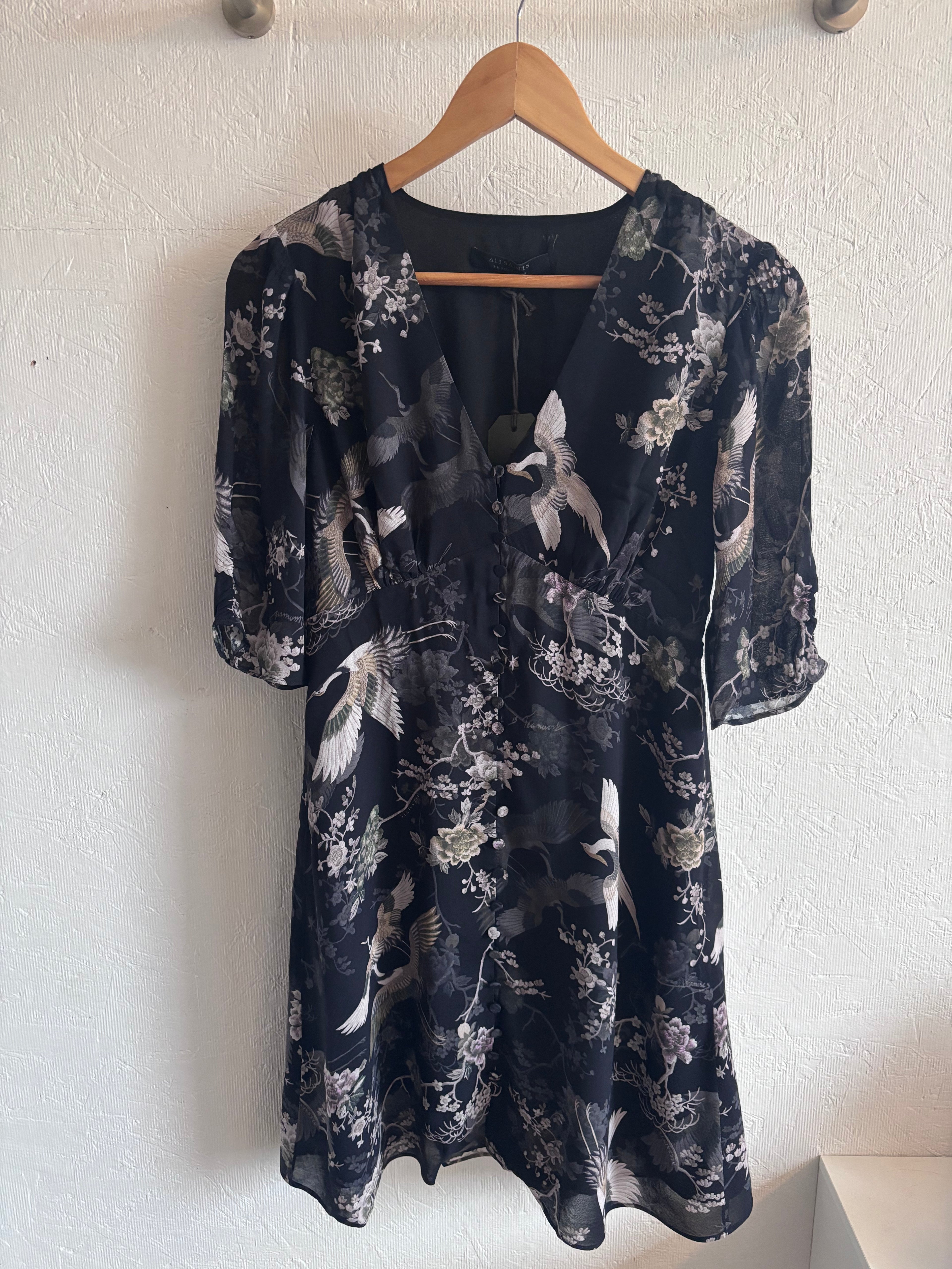 NWT All Saints Kota Amare Eco Viscose Bird Print Button Down Mini Dress