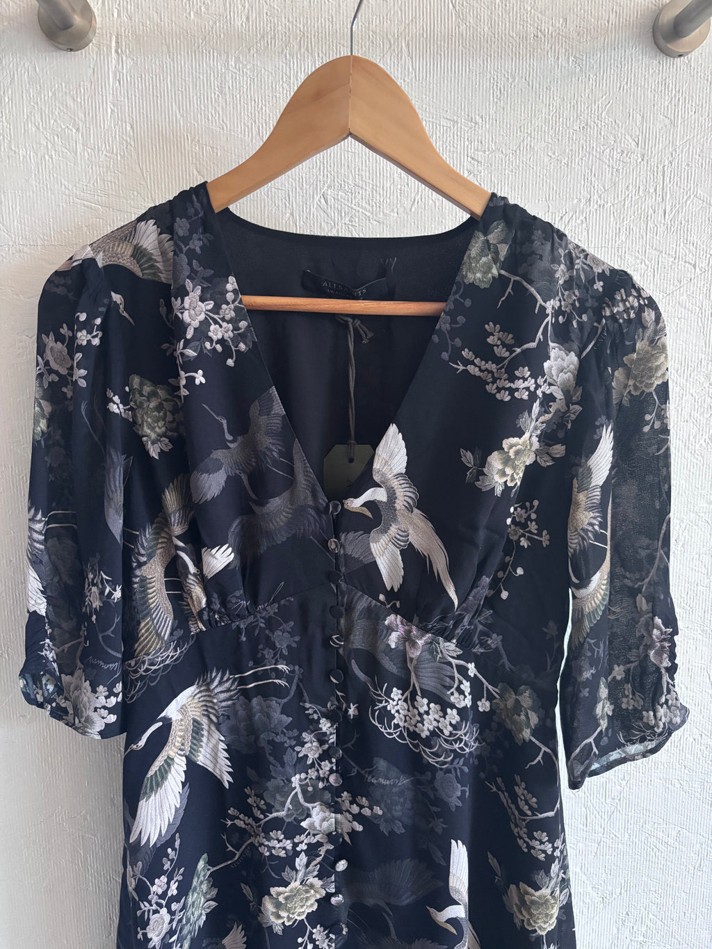 NWT All Saints Kota Amare Eco Viscose Bird Print Button Down Mini Dress