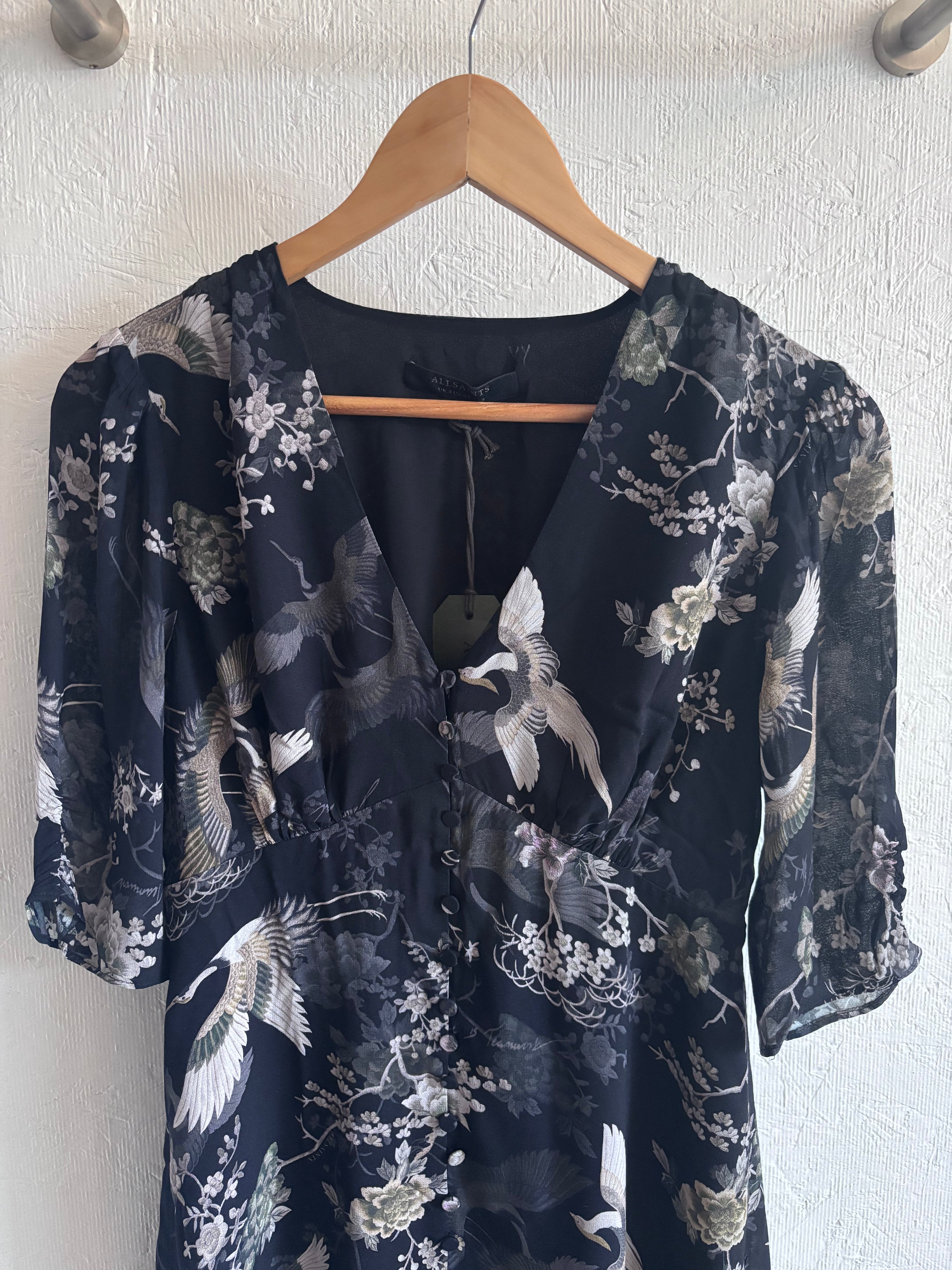 NWT All Saints Kota Amare Eco Viscose Bird Print Button Down Mini Dress