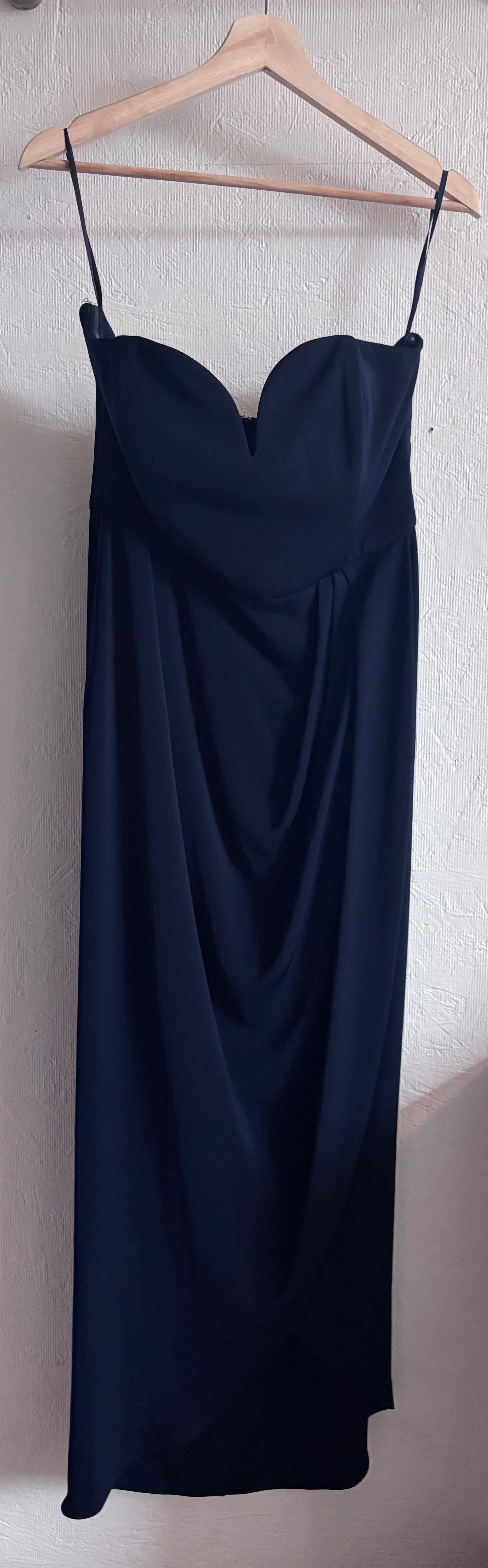 Shona Joy Dark Navy Blue U Bustier Wired Draped Strapless Midi Dress