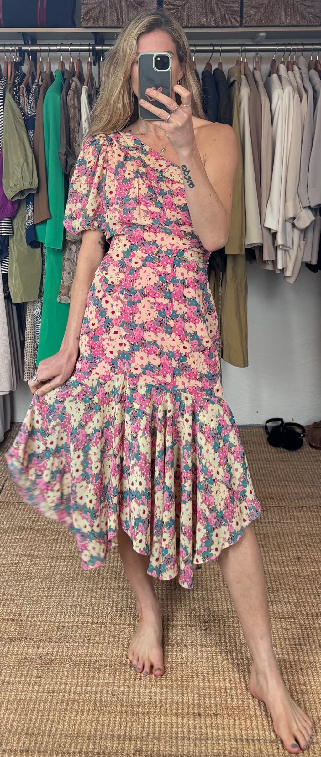 Revolve’s ASTR The Label Pink Floral One Puff Sleeve Asymmetrical Midi Dress