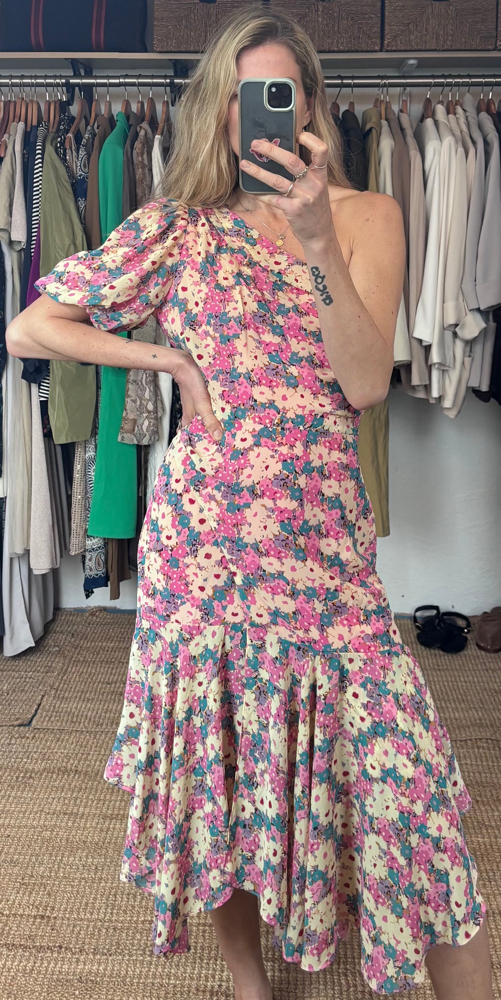 Revolve’s ASTR The Label Pink Floral One Puff Sleeve Asymmetrical Midi Dress