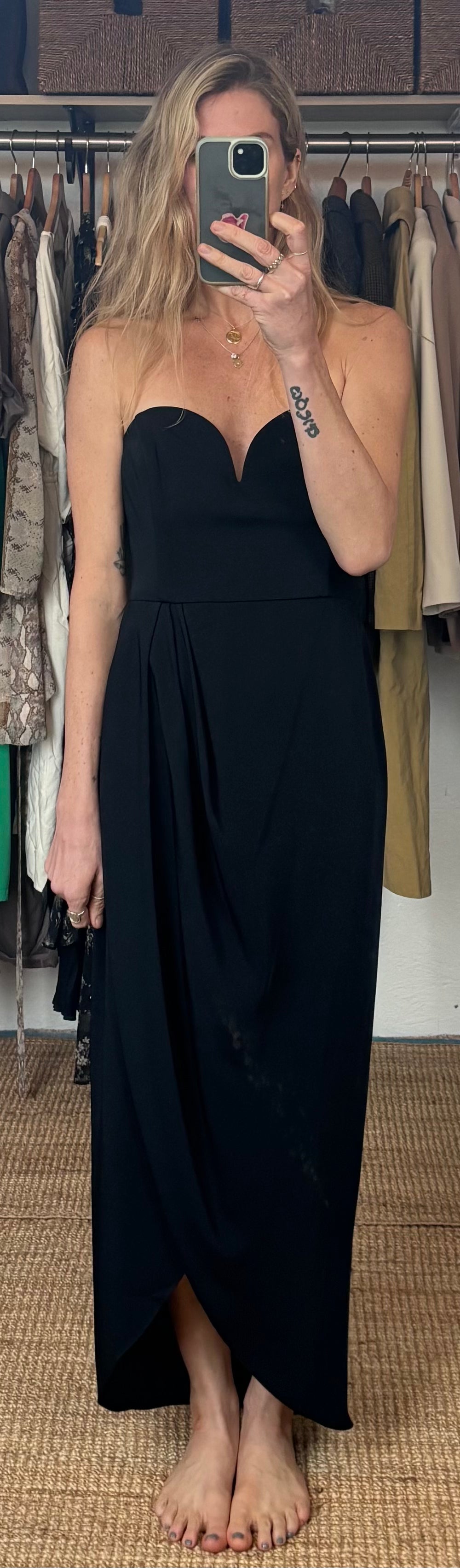 Shona Joy Dark Navy Blue U Bustier Wired Draped Strapless Midi Dress