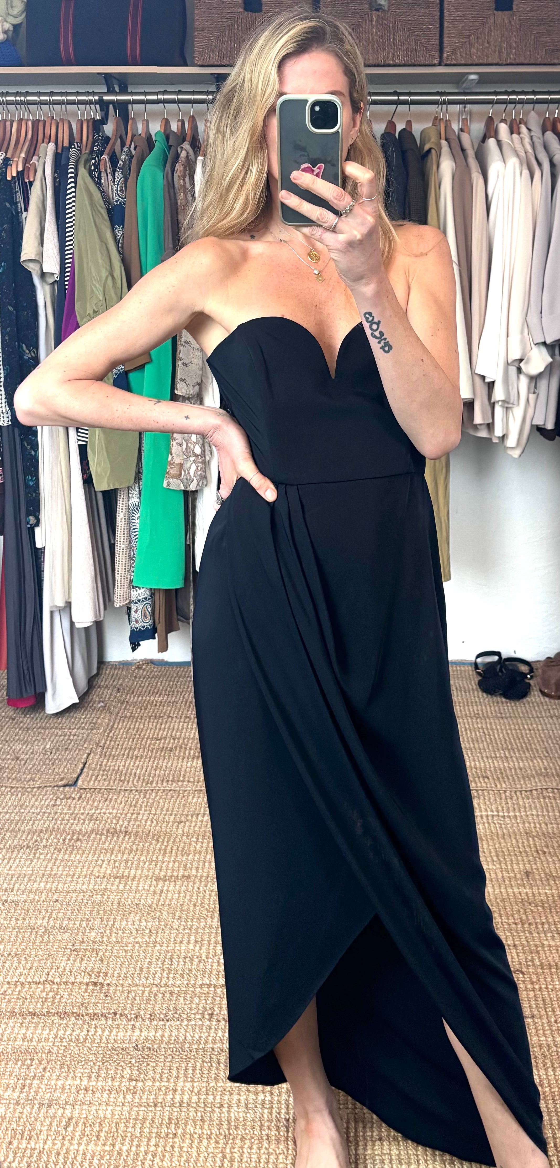 Shona Joy Dark Navy Blue U Bustier Wired Draped Strapless Midi Dress
