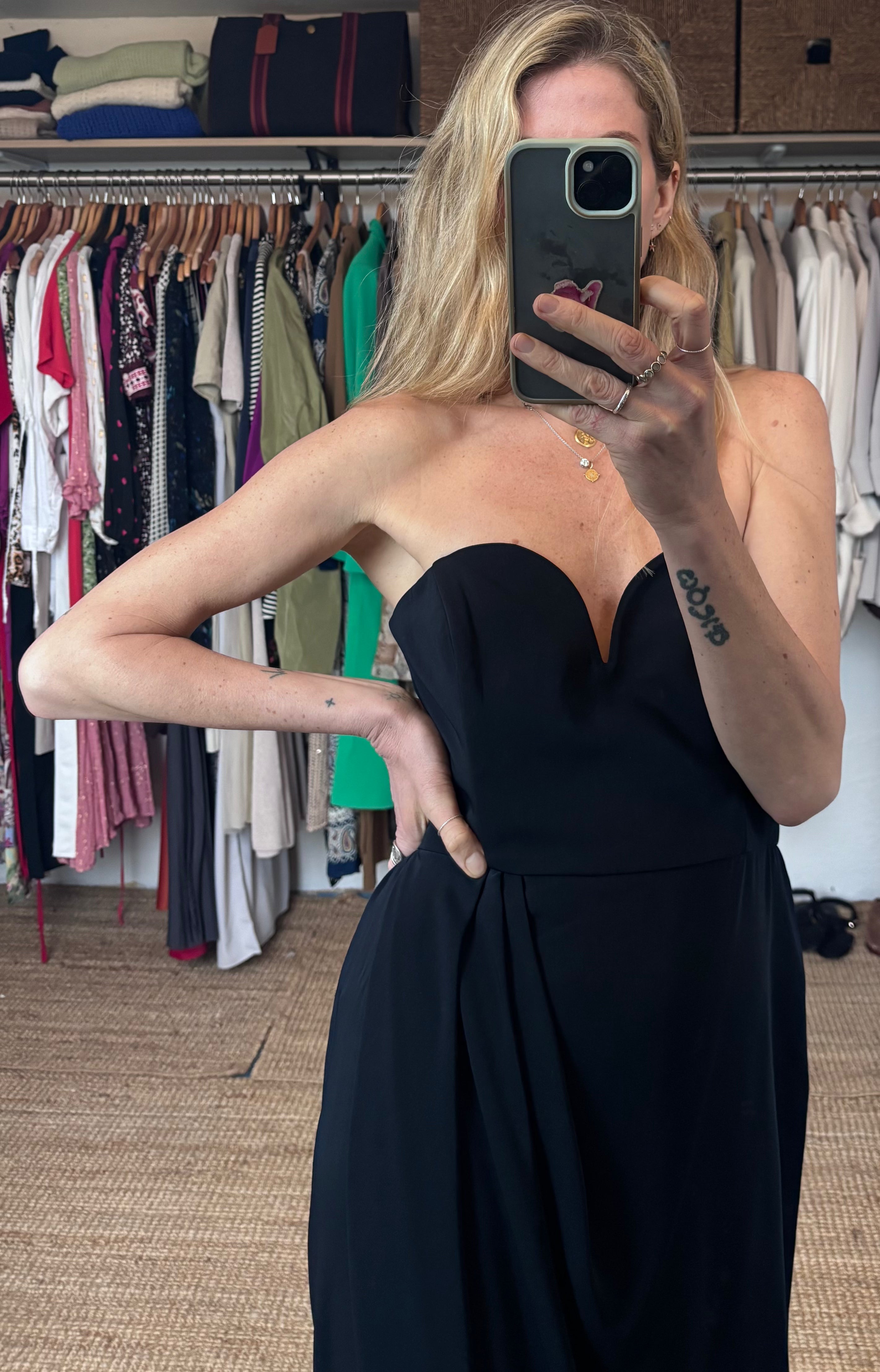 Shona Joy Dark Navy Blue U Bustier Wired Draped Strapless Midi Dress