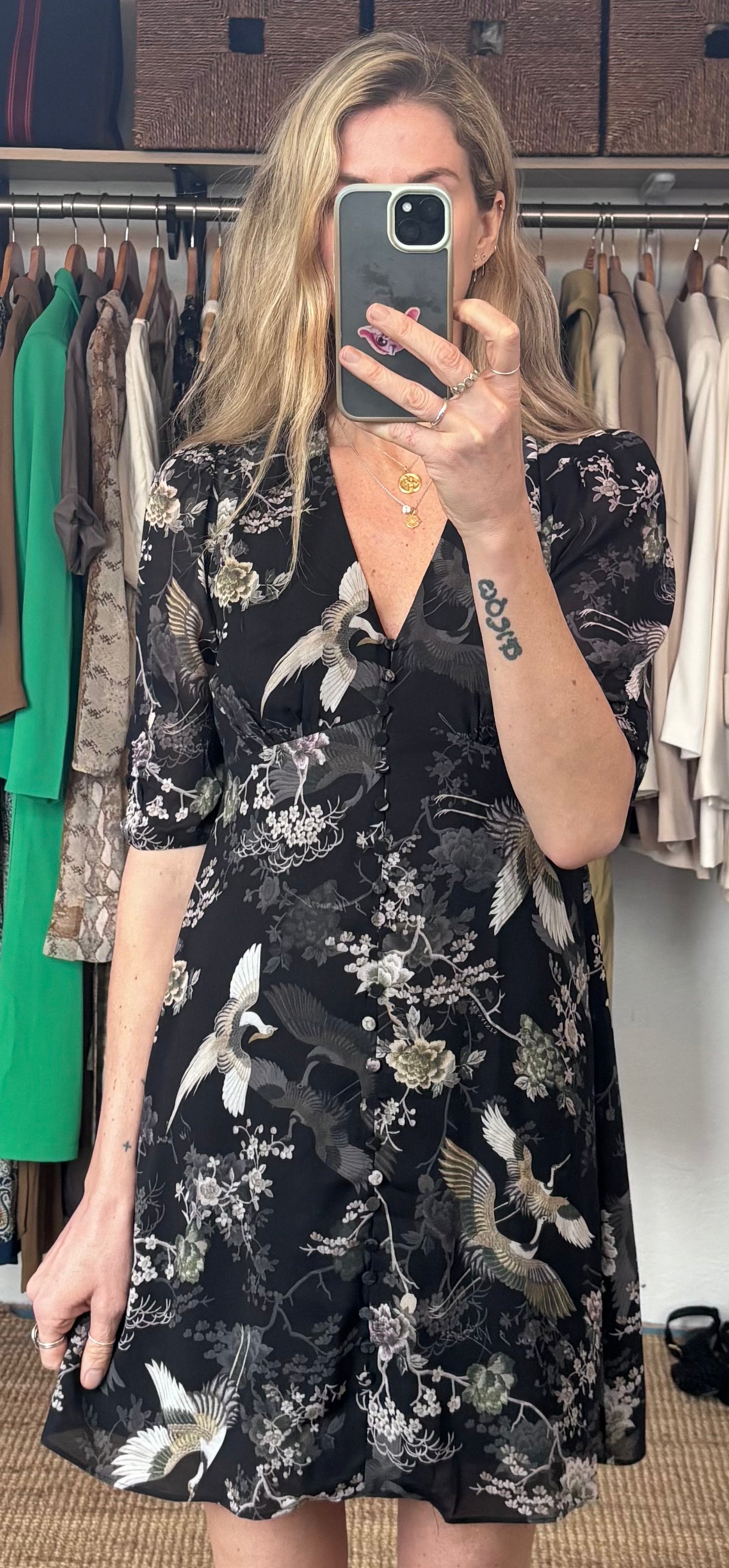 NWT All Saints Kota Amare Eco Viscose Bird Print Button Down Mini Dress