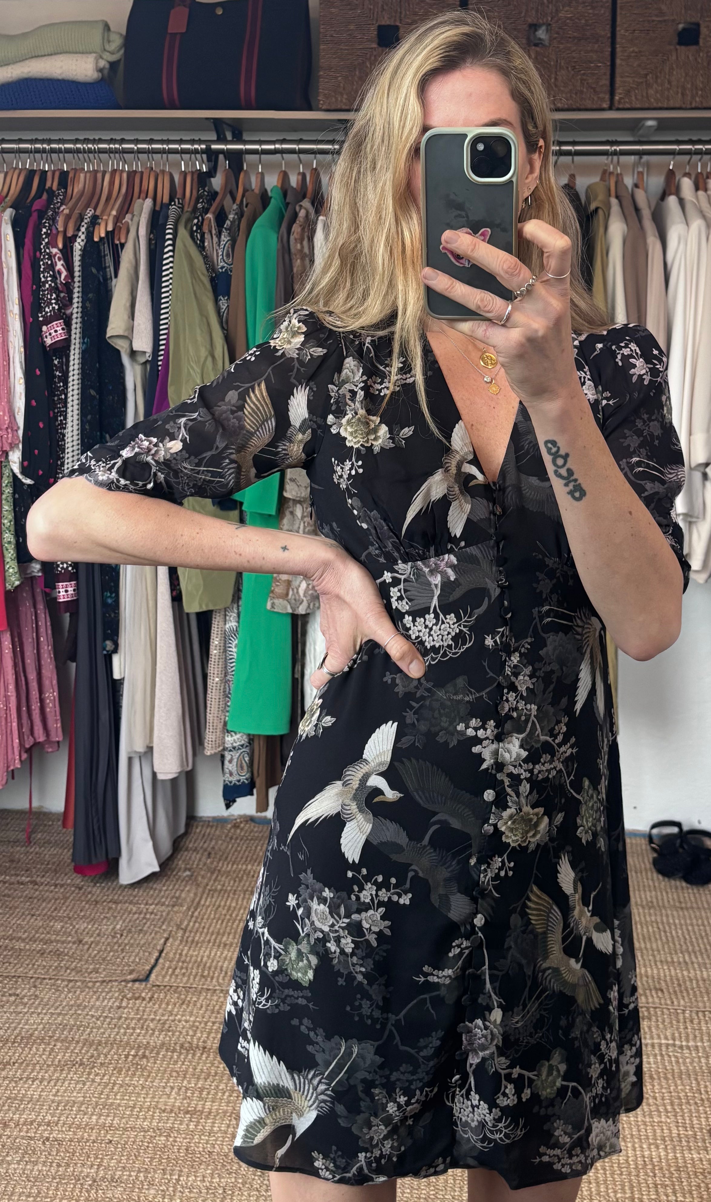 NWT All Saints Kota Amare Eco Viscose Bird Print Button Down Mini Dress