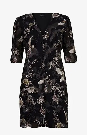 NWT All Saints Kota Amare Eco Viscose Bird Print Button Down Mini Dress